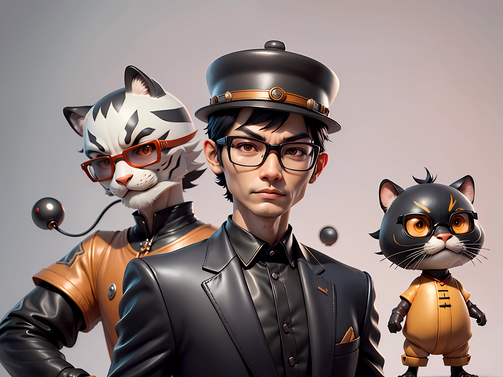Young man with oriental face in leather hat, tiger, oriental face in formal suit, short black hair, silver glasses, digital painting, 3D character design by Mark Clairedon and Pixar and Hayao Miyazaki and Akira Toriyama, the illustration is a high-definition illustration in 4K resolution with very detailed facial features and cartoon-style visuals.
