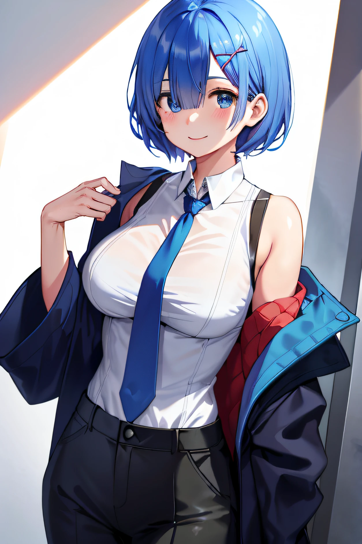 blue  hair， rem with huge breasts\（re：lofi\）， [ssmile]， Be red in the face， tmasterpiece， Best quality at best， Perfect litthing， 1girll，Be red in the face， ssmile， black necktie， blue jacket， trouser， collared shir， hair between eye， Black pantsuit， （cropped shoulders：1.3）， （partly_Unbuttoned：1.2）， white  shirt，Milk tea in hand