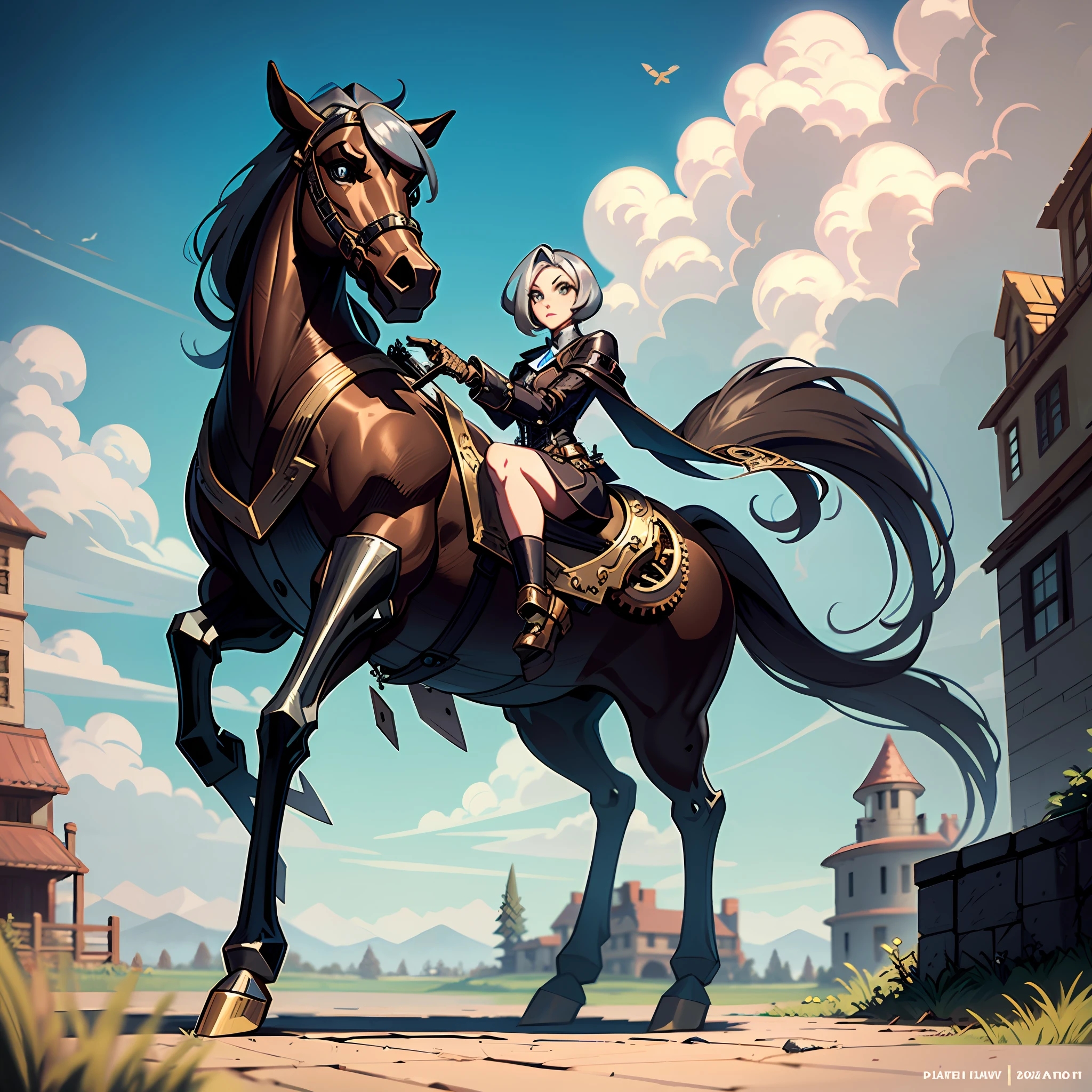 Adamant Dwarven Horse, made out of bronze and silver, steampunk-like, gears and metal parts, masterpiece, best quality, in pokemon art style