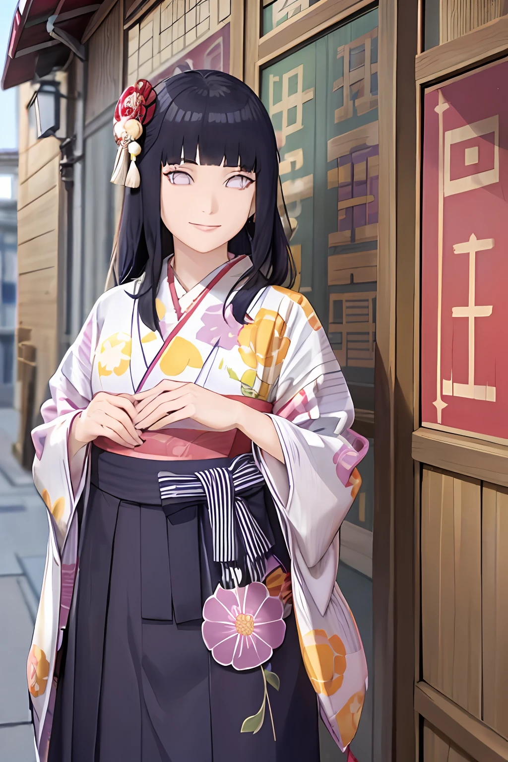 hakama skirt, 1girl, solo, outdoor, cute japanese model girl, floral print, hair ornament, kimono, hakama, bangs, masterpiece, best quality, purple eyes, dark blue hair, long hair, blunt bangs, smile, cute, pretty, beautiful, detailed character