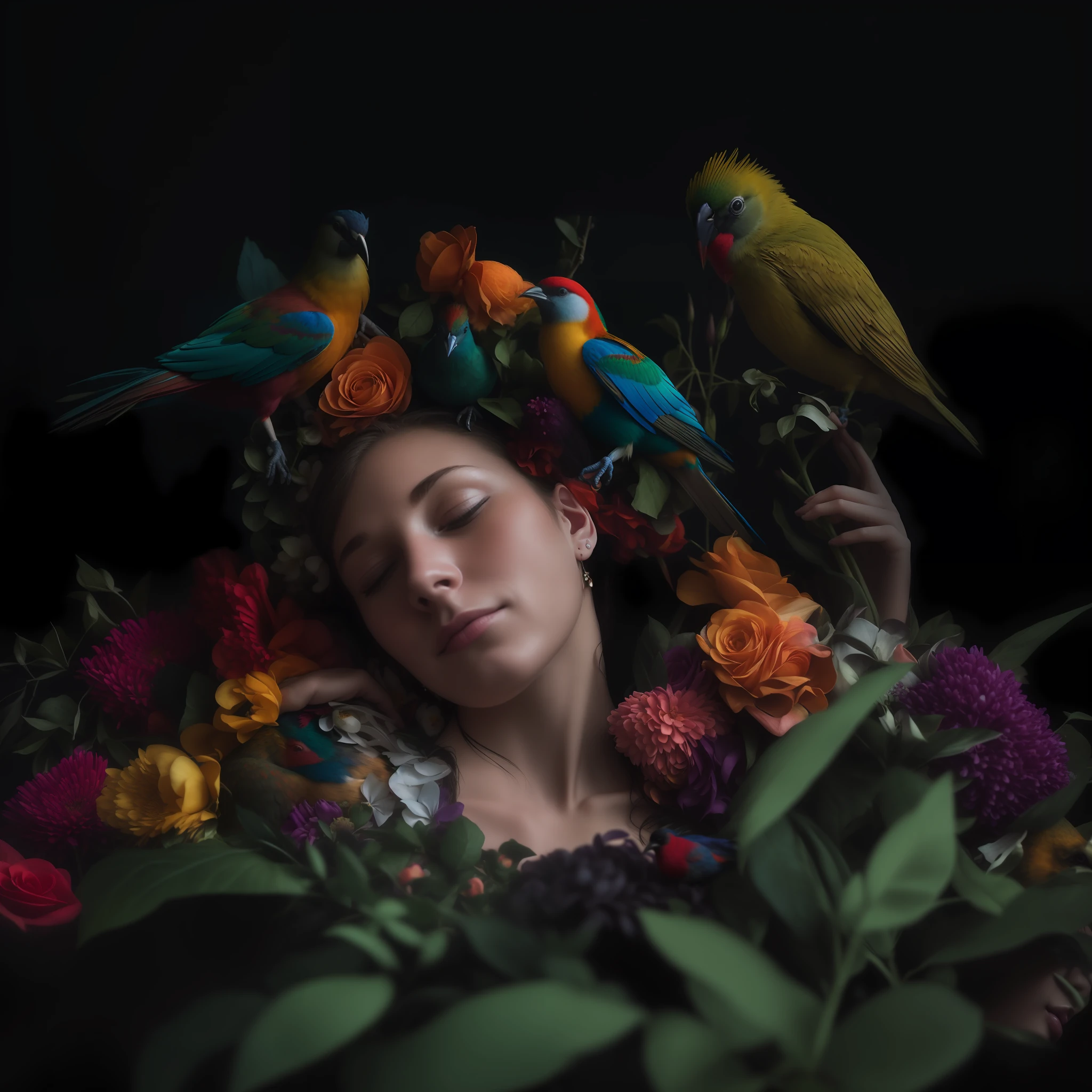 A stunning, ultra-realistic close-up photograph of two women sleeping with colorful bird heads, in the style of darktable processing, birds & flowers, epic portraiture, 8k resolution, photorealistic portraits, nature-inspired imagery, carnivalesque