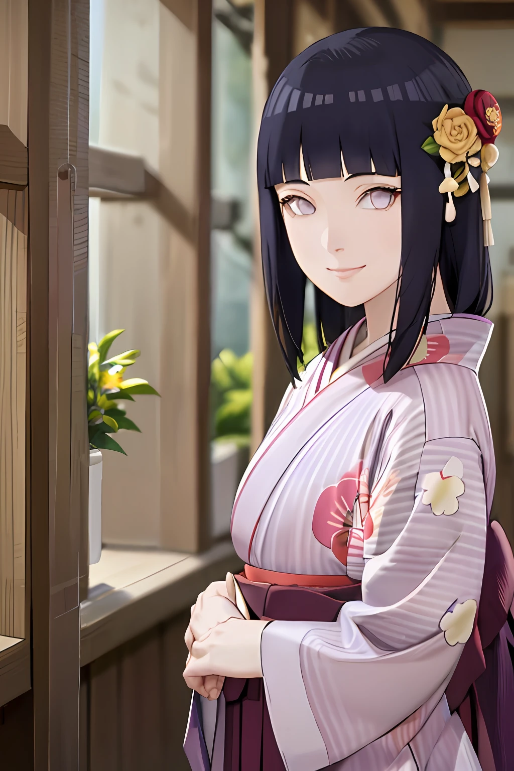 hakama skirt, 1girl, solo, outdoor, cute japanese model girl, floral print, hair ornament, kimono, hakama, bangs, masterpiece, best quality, purple eyes, dark blue hair, long hair, blunt bangs, smile, cute, pretty, beautiful, detailed character