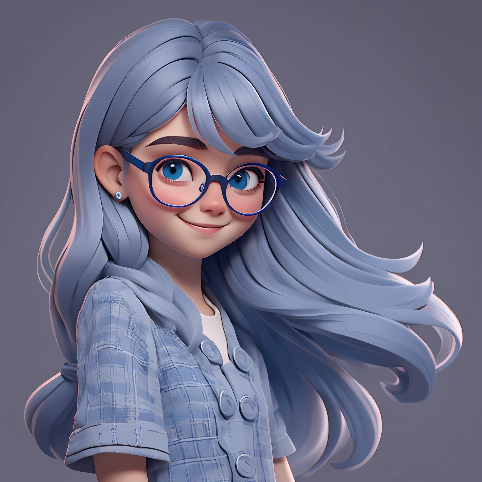 uma loli menina, eyeglass, lacing, Your hair is stuck,, tom preto e azul, moleton, capuz, corpo inteiro, The background is filled with a light gray tone, evoking a sense of lightness and happiness.