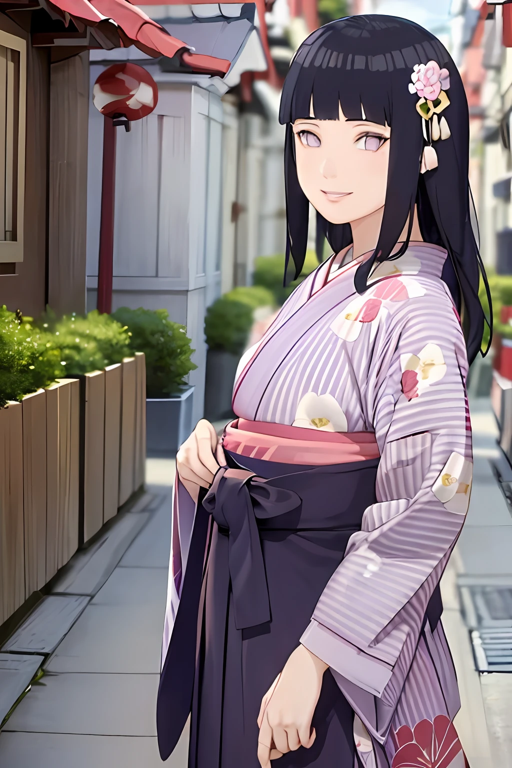 hakama skirt, 1girl, solo, outdoor, cute japanese model girl, floral print, hair ornament, kimono, hakama, bangs, masterpiece, best quality, purple eyes, dark blue hair, long hair, blunt bangs, smile, cute, pretty, beautiful, detailed character