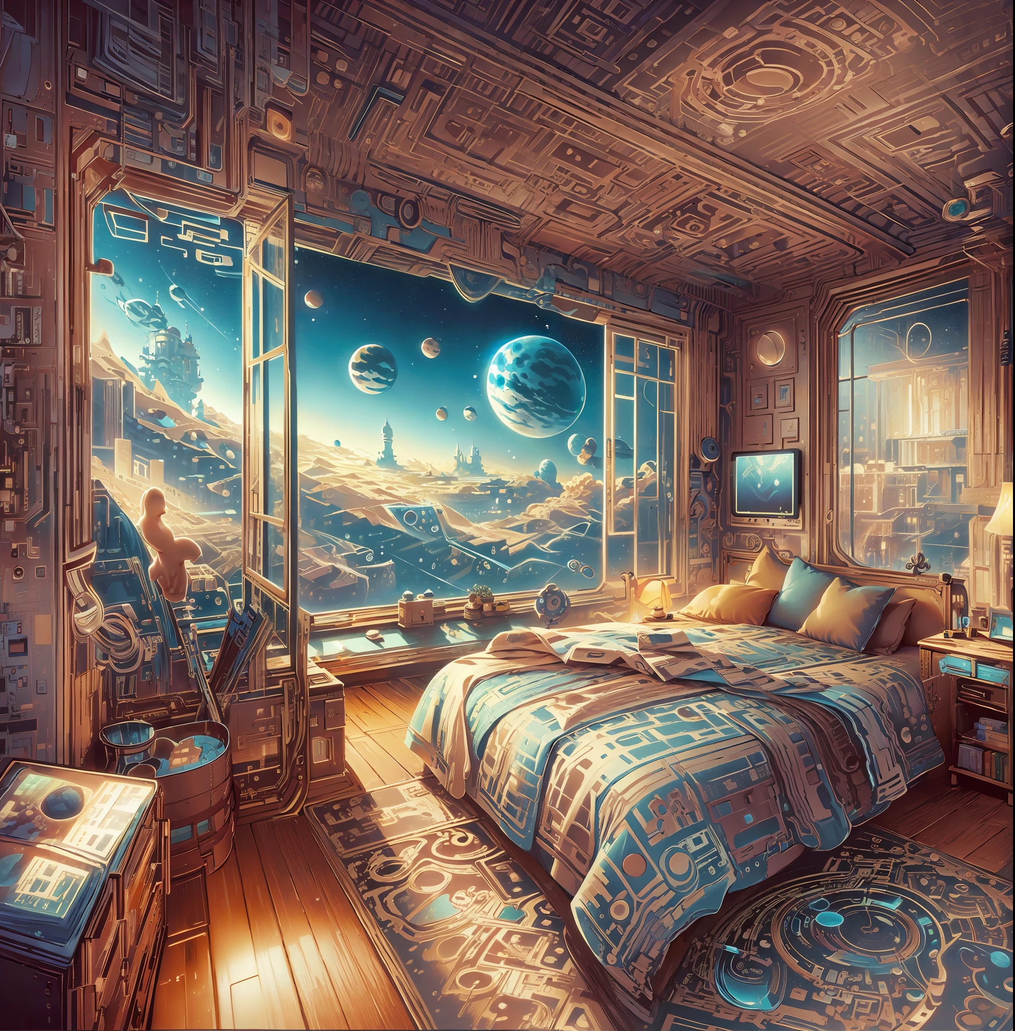 a bed in front of a window, surreal space, inspired by Cyril Rolando, dmt space behind, Des portes qui sont des portails cosmiques, window in the space behind them, painting of a dreamscape, Detailed dreamscape, Space dream, beeple masterpiece, Dans le style de Cyril Rolando, Portal to outer space, Beeple!!