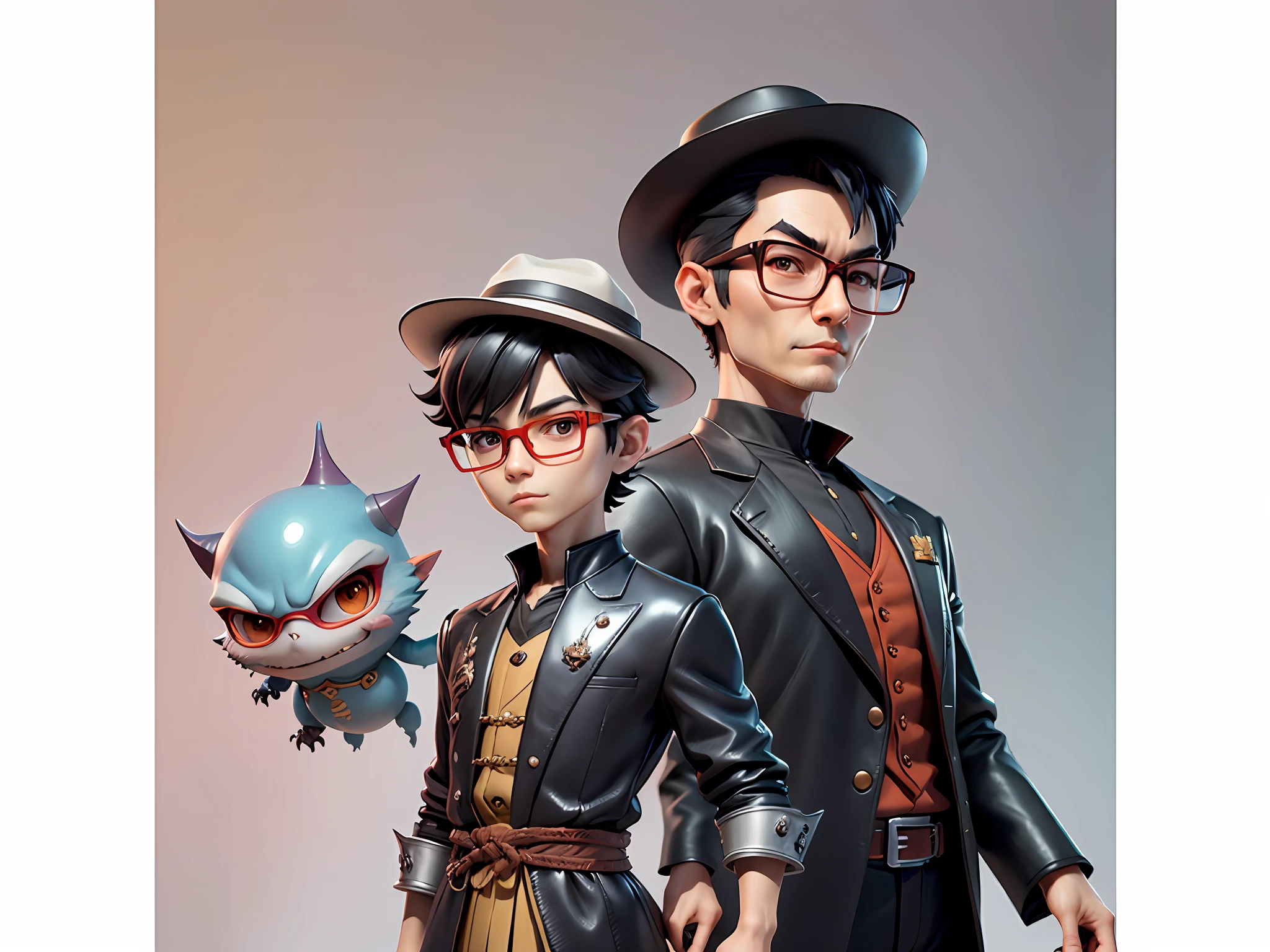 Young man with oriental face in leather hat, dragon, formal suit, short black hair, silver glasses, digital painting, 3D character design by Mark Clairedon and Pixar and Hayao Miyazaki and Akira Toriyama, the illustration is a high-definition illustration in 4K resolution with very detailed facial features and cartoon-style visuals.