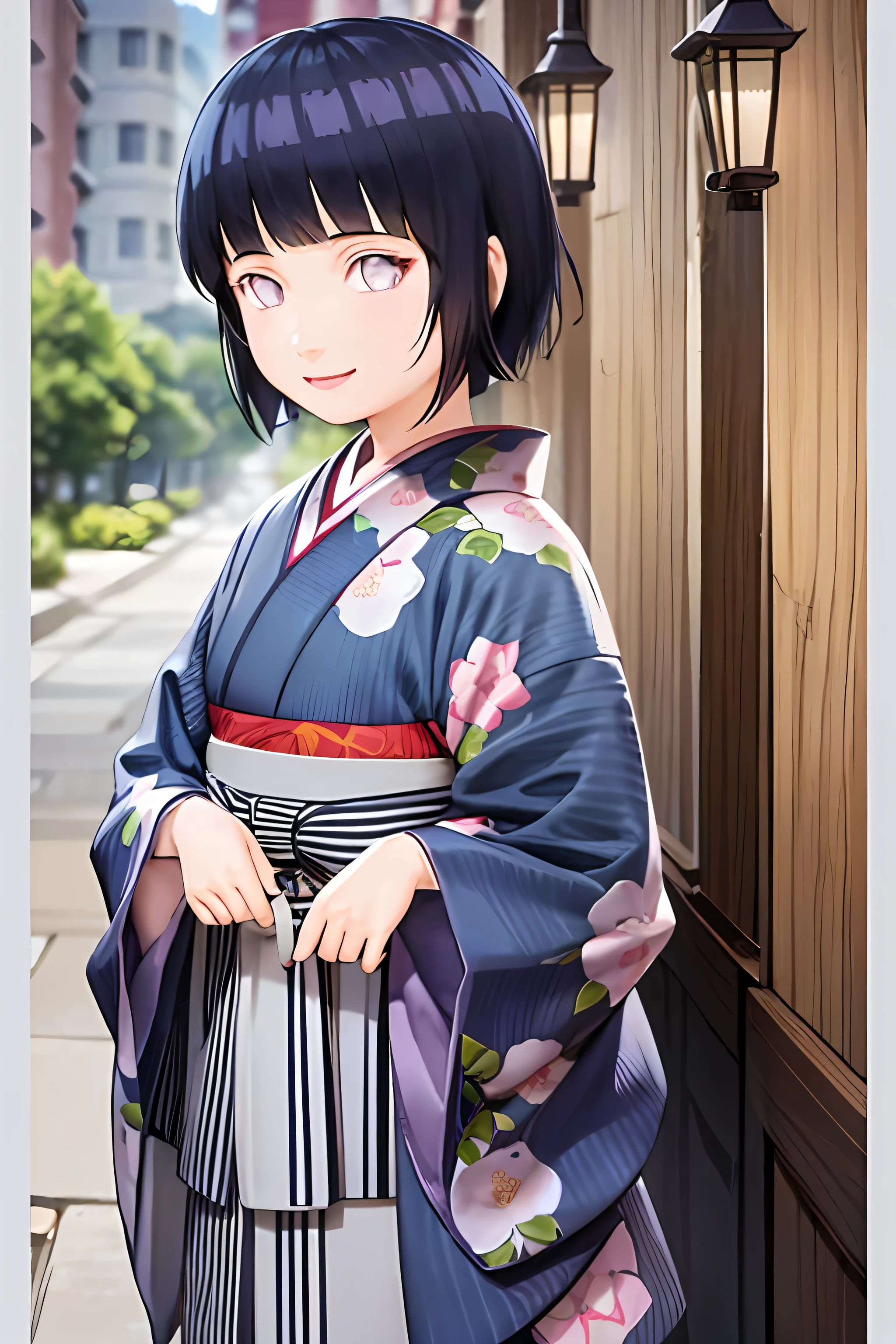 hakama skirt, 1girl, solo, outdoor, cute japanese model girl, floral print, hair ornament, kimono, hakama, bangs, masterpiece, best quality, purple eyes, dark blue hair, pixie short hair, blunt bangs, smile, cute, pretty, beautiful, detailed character, hinata, child, toddler, small, chibi