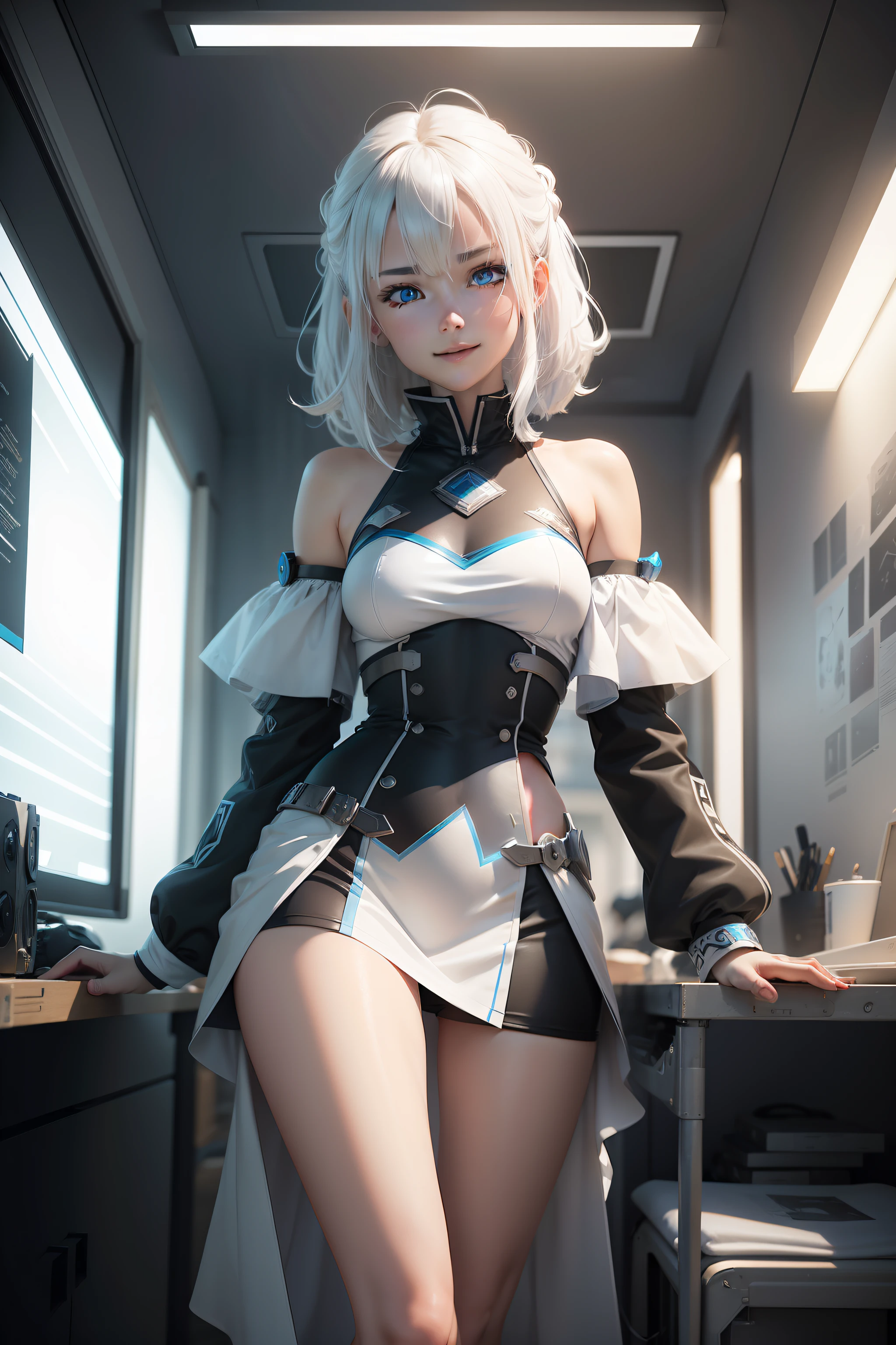 White background, Attractive Blue Eyes, Anime, shoulder length messy hair, White hair, Happy smile, Full body, Women's miniskirts, 14 year old beautiful anime style girl, hyper detailed painting, luminism, 4K resolution, , 3d rendered, Octane Render, Intricately detailed , Cinematic, trending on artstationh, Ultra-realistic cover photo with isometric center, hit definition , Cinematic, bold lines, On paper