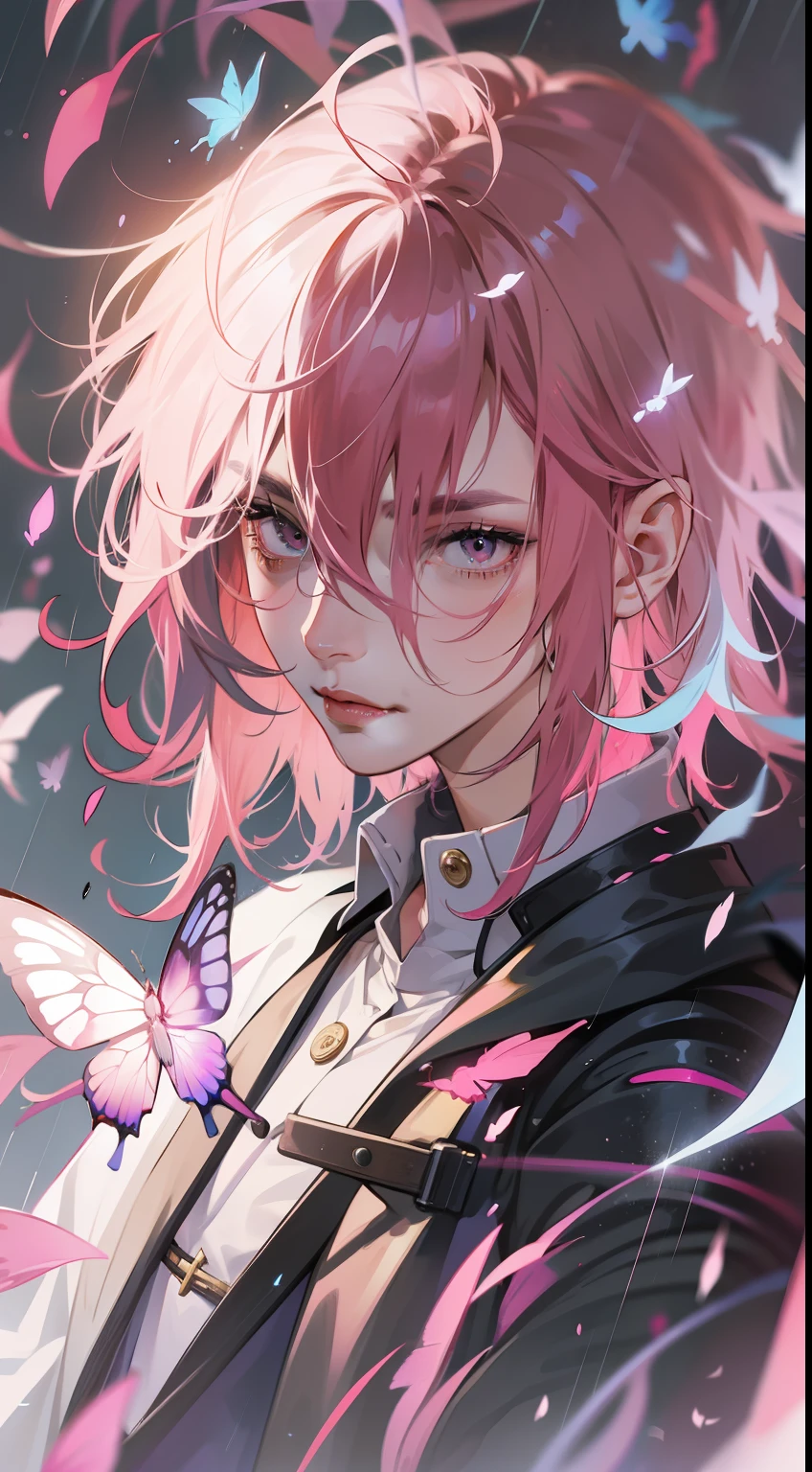 pink hair boy, cold face, tall, slender, butterflies, magic explosions, spirits, short hair, raining background, dutch angle, vampire