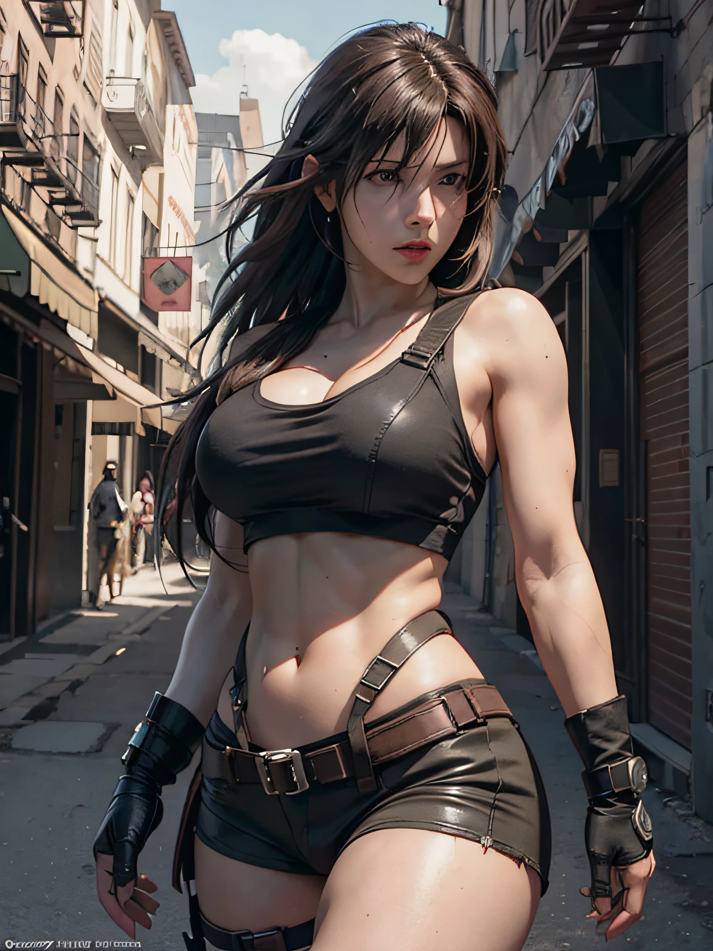 (Tifa Lockhart) as (Solid Snake), 1girl, long dark ash brown hair, large breast, official art, unity 8k wallpaper, ultra detailed, aesthetic, masterpiece, best quality, photorealistic, waist up