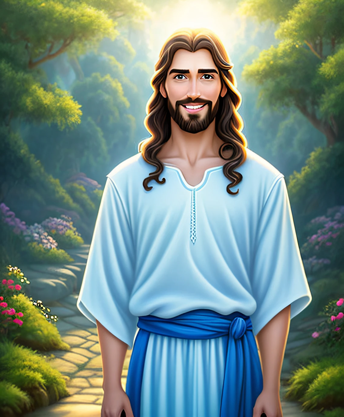 Original art quality, full body picture, Disney character animation style, young and handsome Jesus God, standing posture, hands naturally placed on both sides, looking ahead, gentle expression and smiling, eyes full of light, background light blue, translucent, with light as the theme, the focus of light is on the characters, the overall picture is fresh and bright.