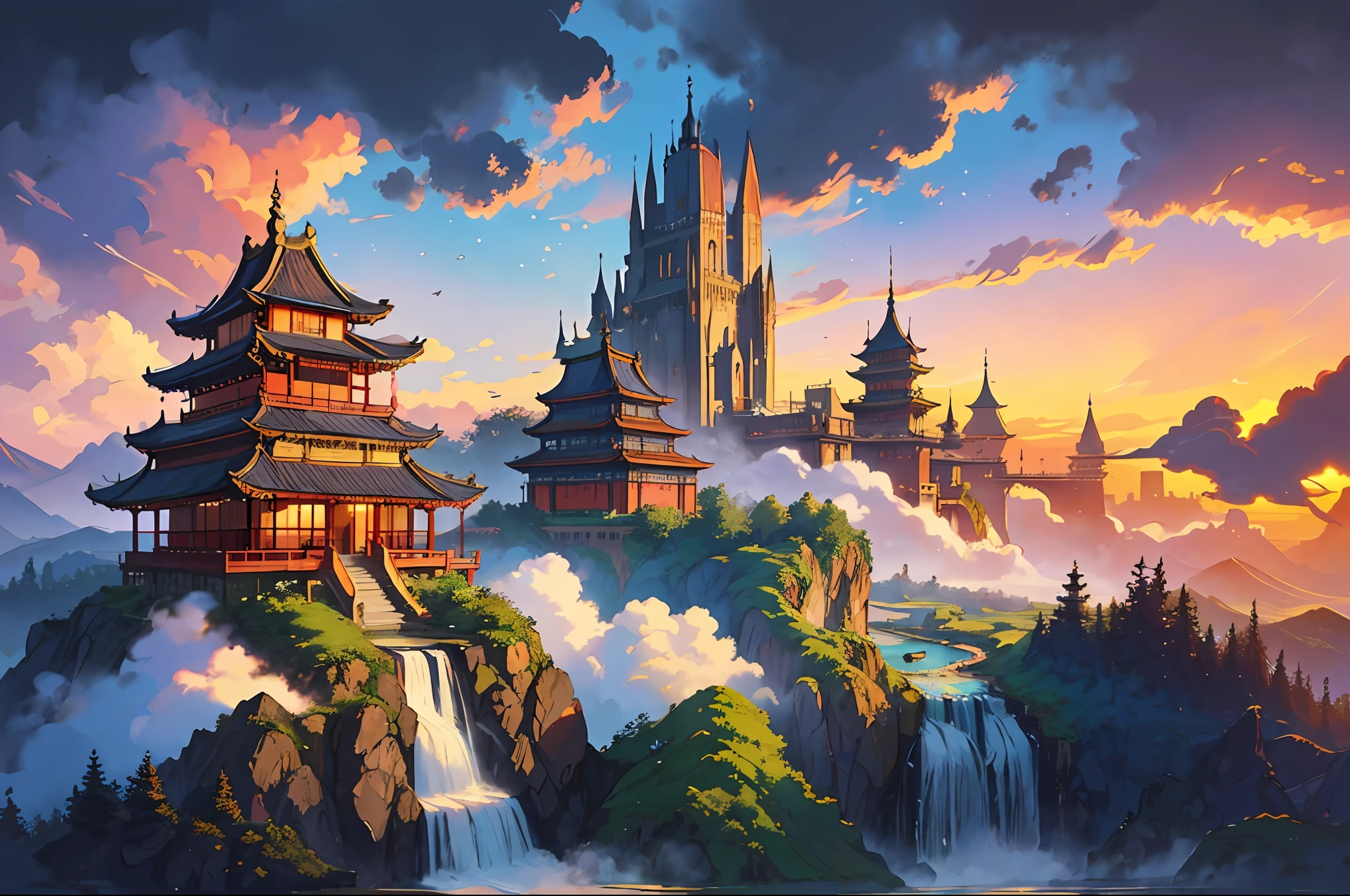 Craft a vivid description of a majestic chinese kingdom nestled among the clouds in a breathtaking fantasy landscape. Envision cascading waterfalls of iridescent mist, opulent floating palaces adorned with intricate spires, and ethereal gardens where vibrant, otherworldly flora flourishes in the soft glow of an eternal sunset