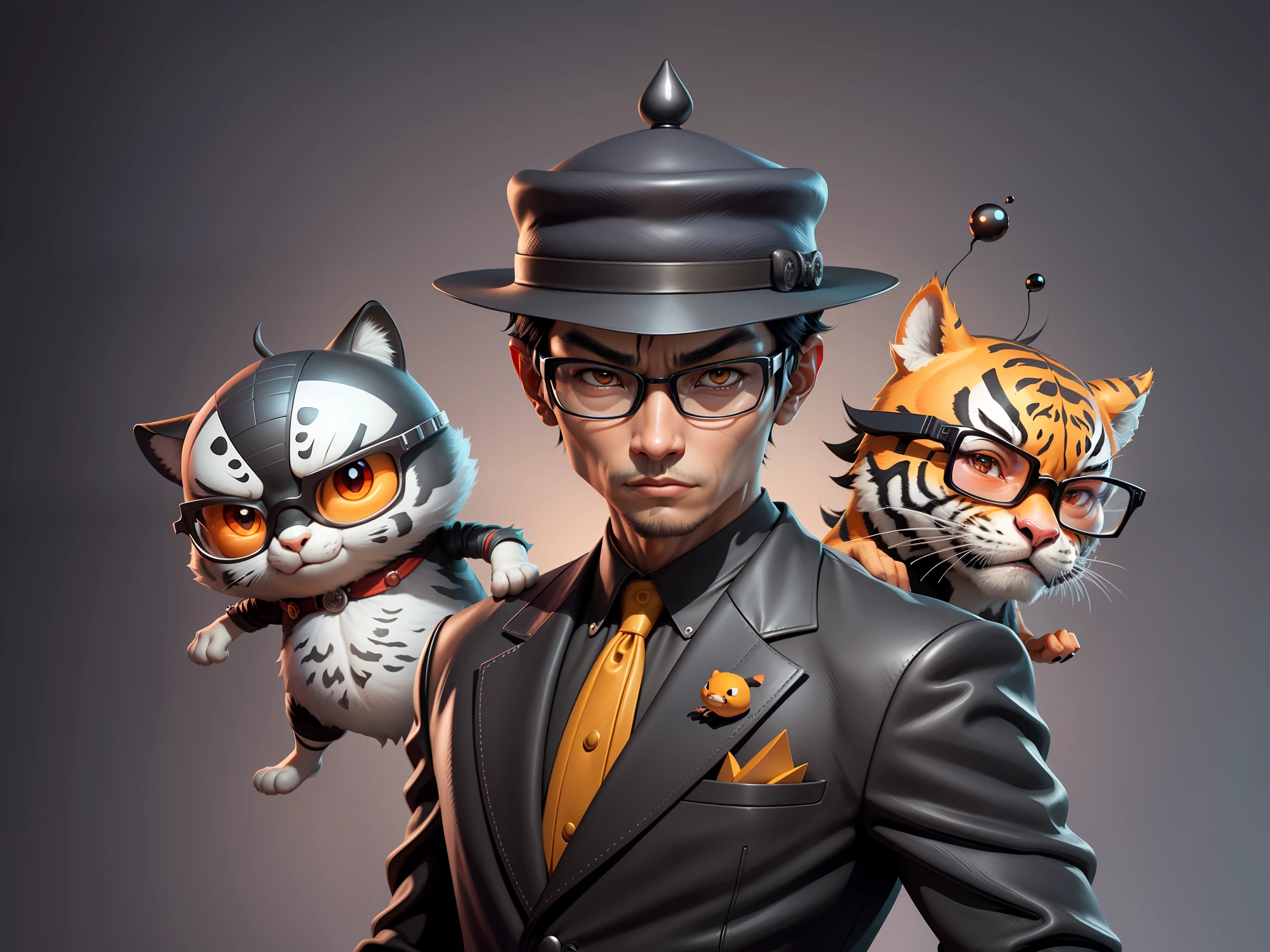 Young man with oriental face in leather hat, tiger, oriental face in formal suit, short black hair, silver glasses, digital painting, 3D character design by Mark Clairedon and Pixar and Hayao Miyazaki and Akira Toriyama, the illustration is a high-definition illustration in 4K resolution with very detailed facial features and cartoon-style visuals.