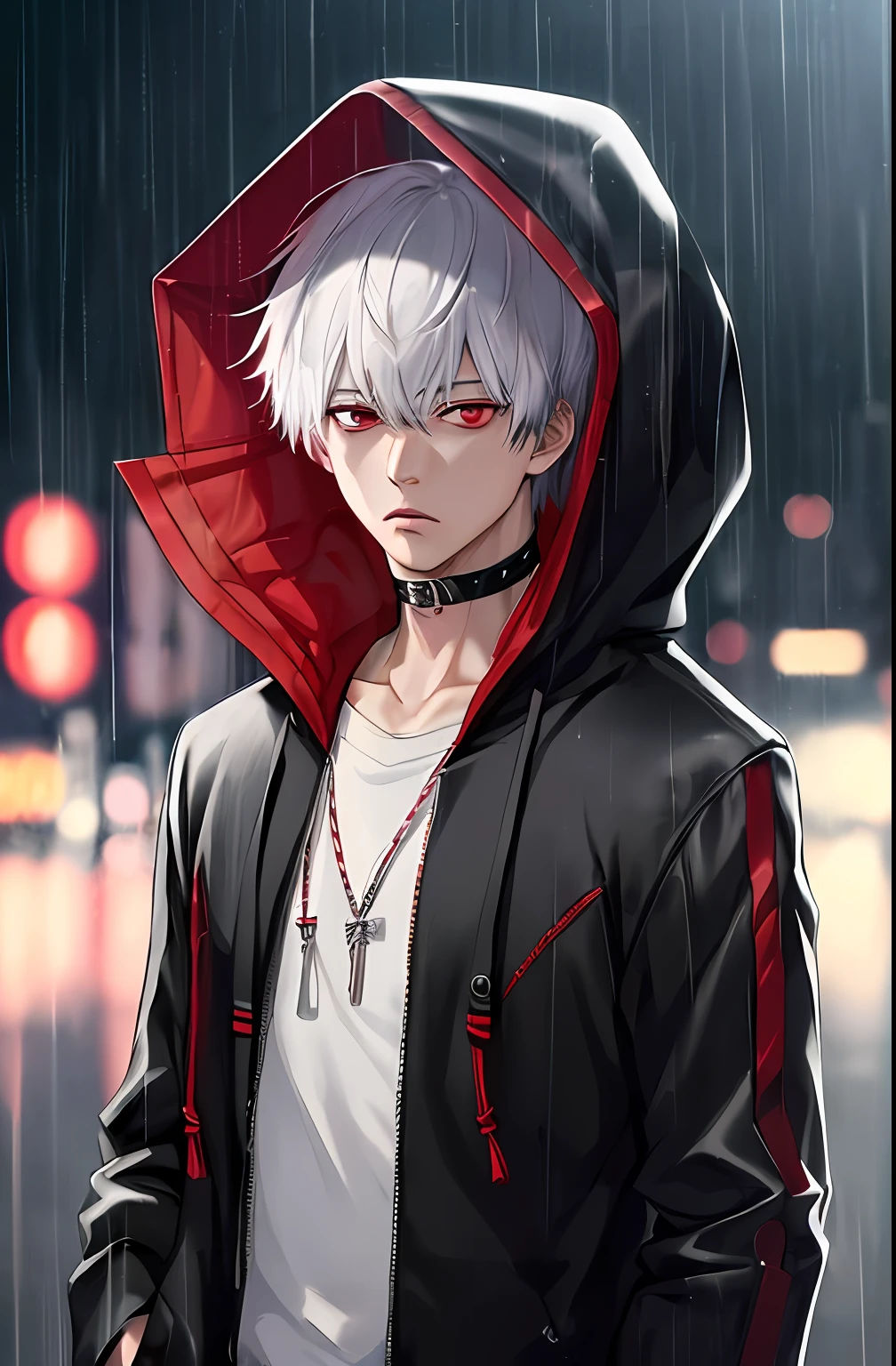 kk, best quality, more details, masterpiece, 1boy, kaneki ken, portrait, male focus, red eyes, solo, bangs, looking at viewer, hood, short hair, rain, tokyo tokyo \(city\),  hood up, nail polish, white hair, luxurious, 8k, detailed, ray tracing, depth of field, cinematic lighting,