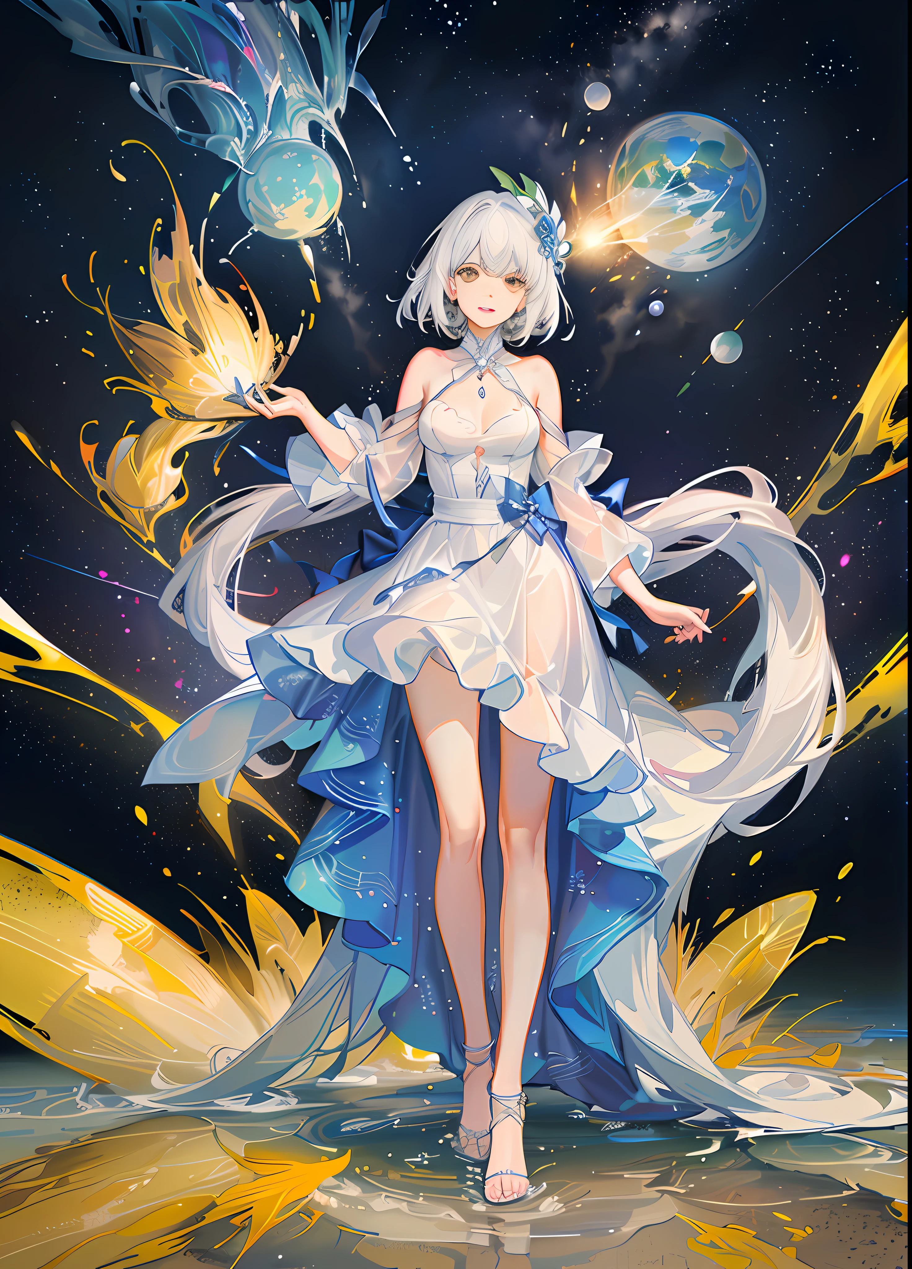 （tmasterpiece，best qualtiy：1.2），（Super meticulous），（illustratio），Wallpapers，Original，1girll，Messy white hair，thin shoulder strap，White dress，Bare legged，Barefoot，Bare arms，space，Earth background，Near-Earth orbit，full bodyesbian，（Surrounded by colorful splashes and dots），Colored bubbles，（Shiny），high-definition picture quality，Chroma contrast，Cosmic background map，dream magical