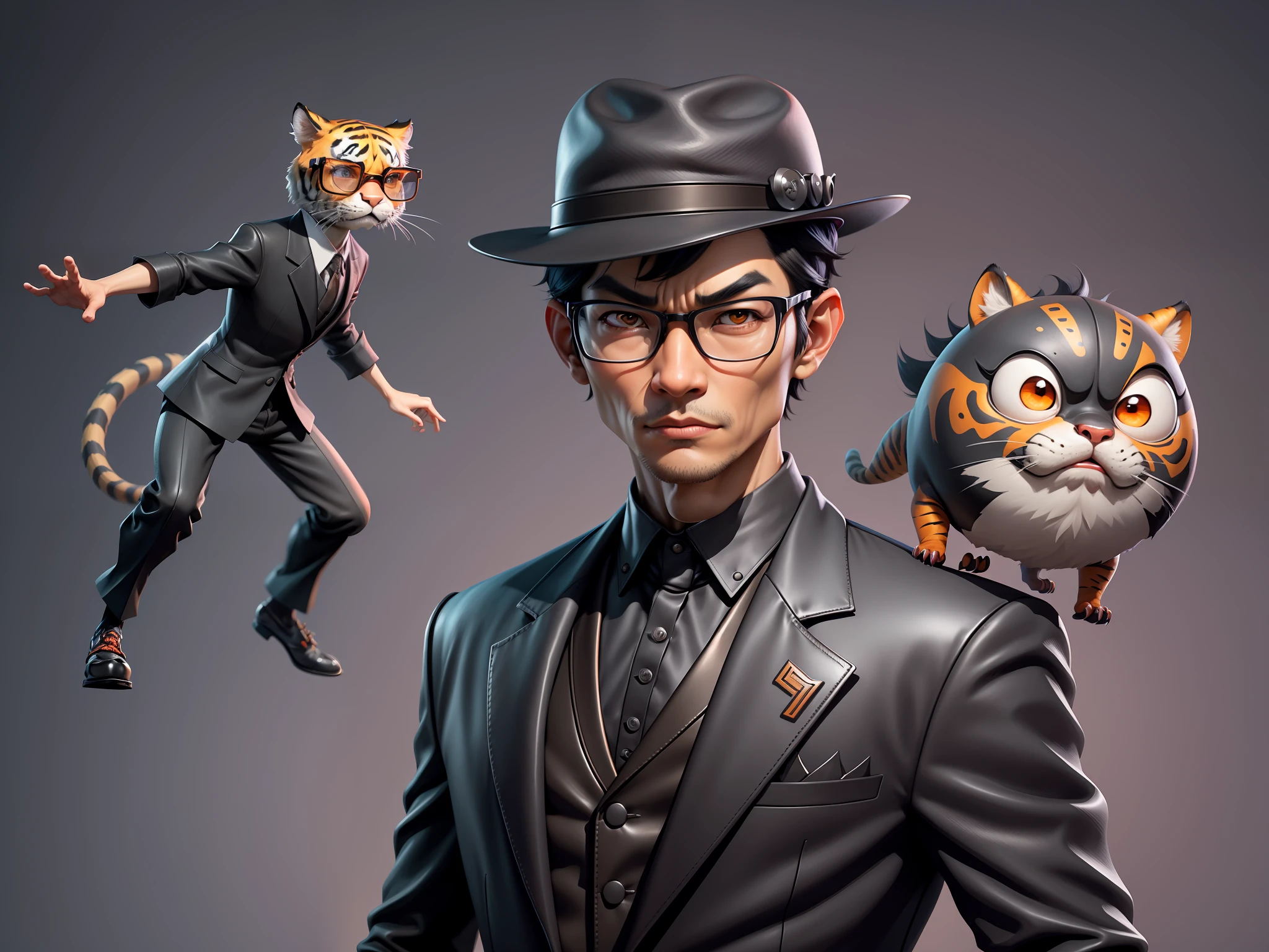 Young man with oriental face in leather hat, tiger, oriental face in formal suit, short black hair, silver glasses, digital painting, 3D character design by Mark Clairedon and Pixar and Hayao Miyazaki and Akira Toriyama, the illustration is a high-definition illustration in 4K resolution with very detailed facial features and cartoon-style visuals.