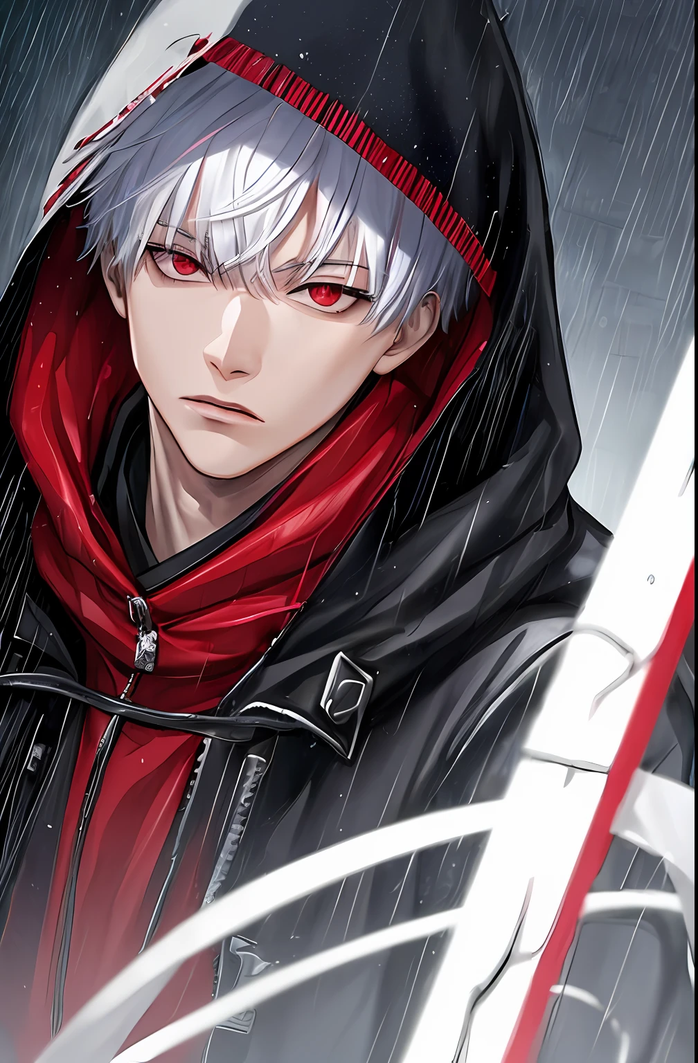 kk, best quality, more details, masterpiece, 1boy, kaneki ken, portrait, male focus, red eyes, solo, bangs, looking at viewer, hood, short hair, rain, tokyo tokyo \(city\),  hood up, nail polish, white hair, luxurious, 8k, detailed, ray tracing, depth of field, cinematic lighting,