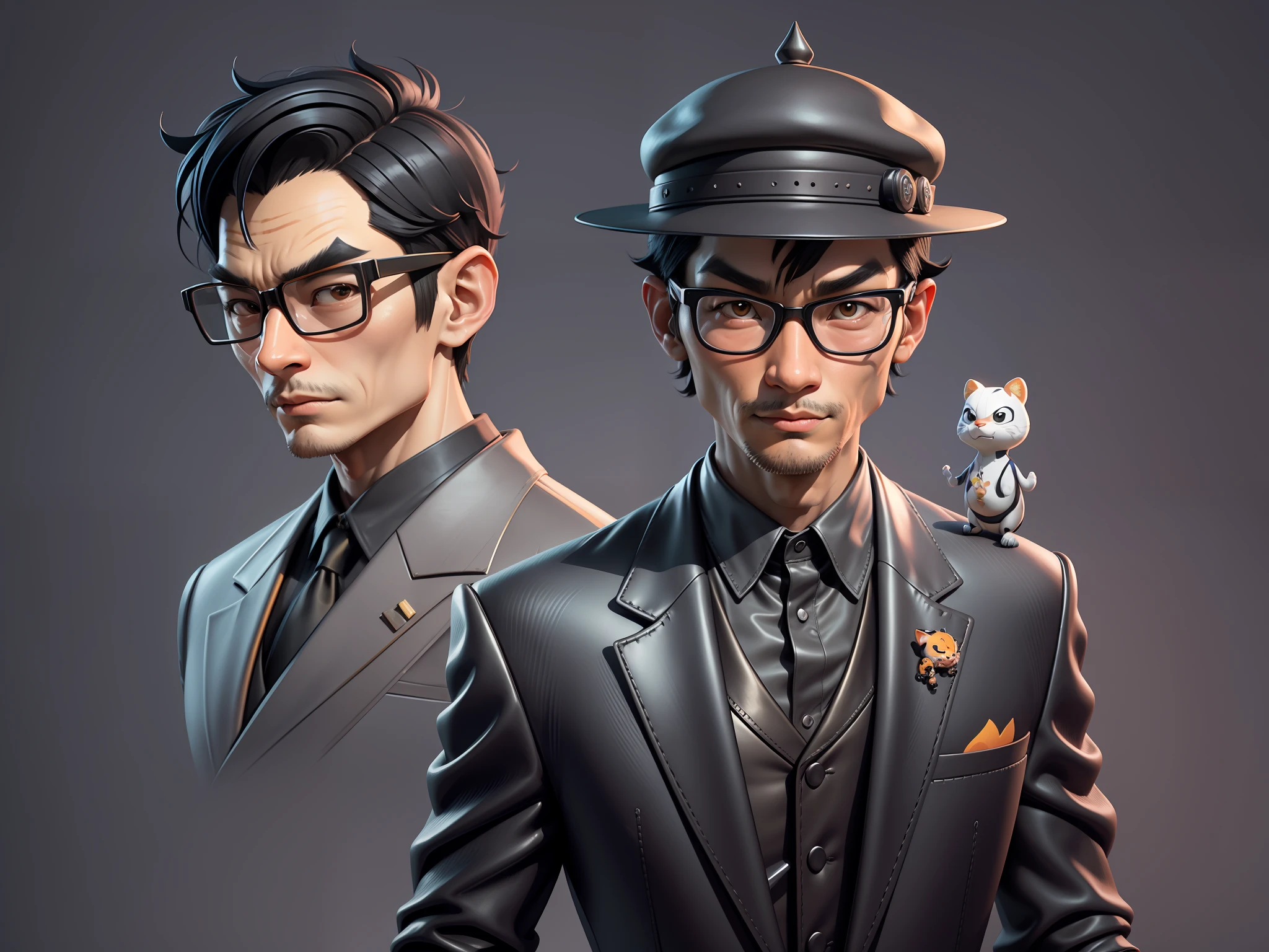 Young man with oriental face in leather hat, tiger, oriental face in formal suit, short black hair, silver glasses, digital painting, 3D character design by Mark Clairedon and Pixar and Hayao Miyazaki and Akira Toriyama, the illustration is a high-definition illustration in 4K resolution with very detailed facial features and cartoon-style visuals.
