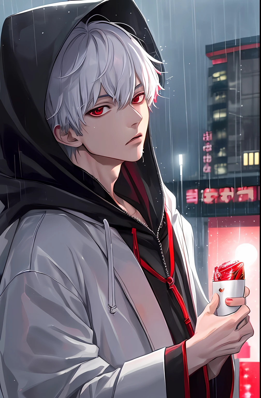 kk, best quality, more details, masterpiece, 1boy, kaneki ken, portrait, male focus, red eyes, solo, bangs, looking at viewer, hood, short hair, rain, tokyo tokyo \(city\),  hood up, nail polish, white hair, luxurious, 8k, detailed, ray tracing, depth of field, cinematic lighting,