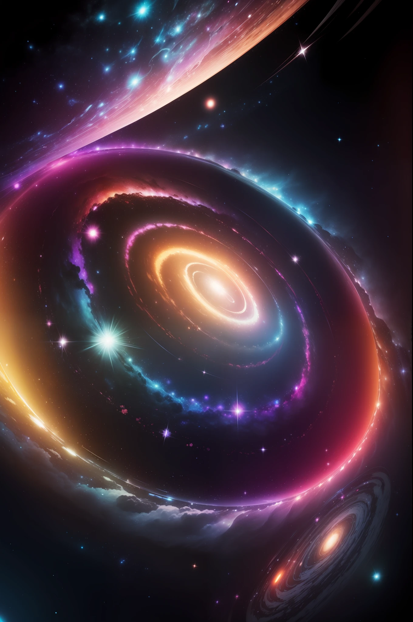 swpunk, synthwave, splatters de tinta, (papel de parede 8k extremamente detalhado), an intergalactic nebula on a colorful background of stars, ray tracing, Intricate, High Detail, dramatic, obra-prima de melhor qualidade, fotorrealista, detalhado, 8k, HDR, retroiluminação, bloom, brilhos de luz, chromatic aberration, foco nítido, bordas escuras para colocar texto,galaxia rosa, estrelas, universo colorido, bordas escuras, galaxia bem no fundo da imagem, um close up de um objeto em forma de espiral com uma luz brilhante, galaxy simulation, background of the galaxy, galaxy, galaxy inside, subterranean sprawling galaxy, vasto cosmos, swirling water cosmos, galaxy space sci - fi, on a galaxy looking background, view of the spiral galaxy, background galaxy, subterranean sprawling galaxy, cosmos sem fim no fundo