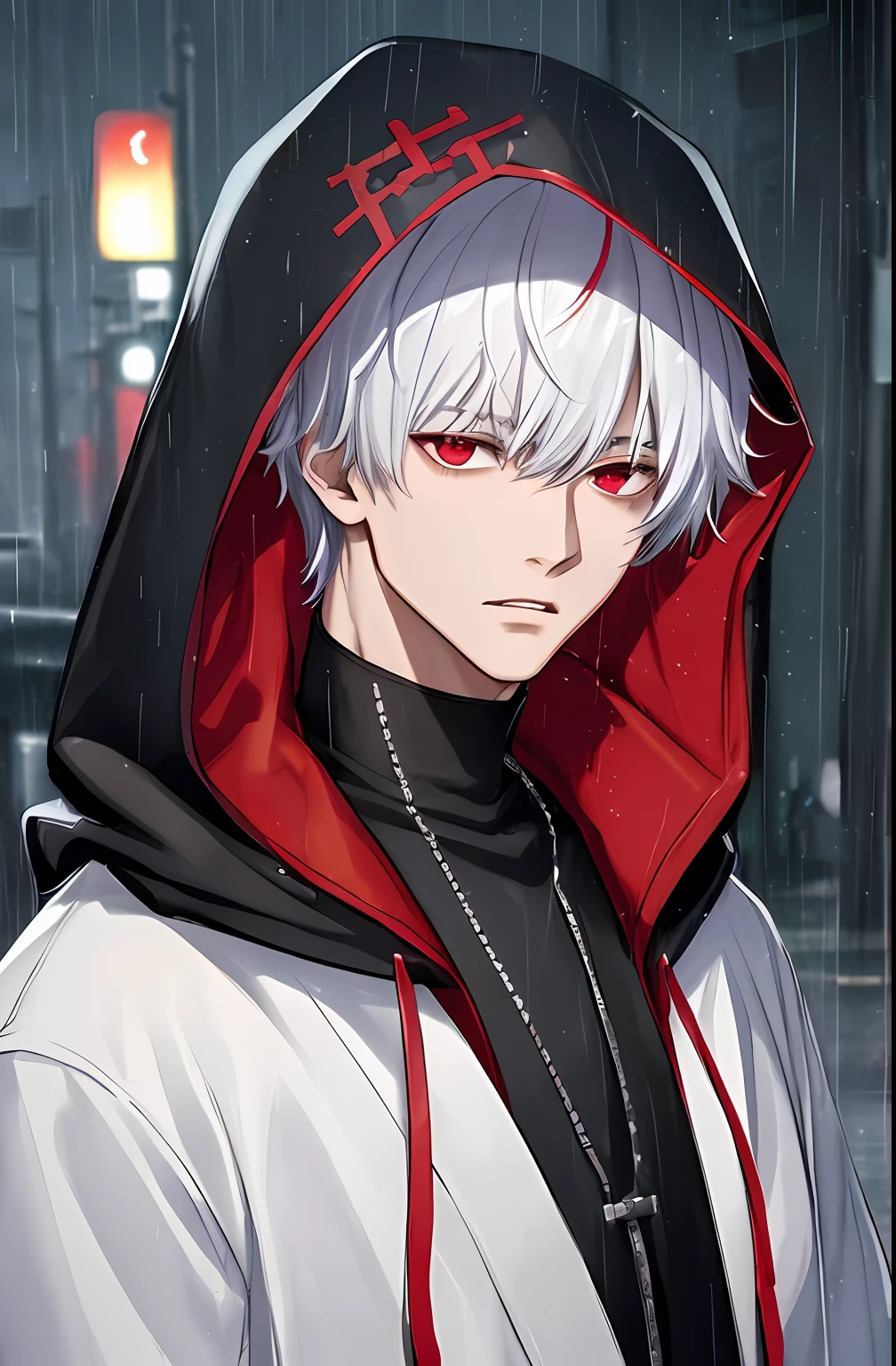 kk, best quality, more details, masterpiece, 1boy, kaneki ken, portrait, male focus, red eyes, solo, bangs, looking at viewer, hood, short hair, rain, tokyo tokyo \(city\), hood up, nail polish, white hair, luxurious, 8k, detailed, ray tracing, depth of field, cinematic lighting,