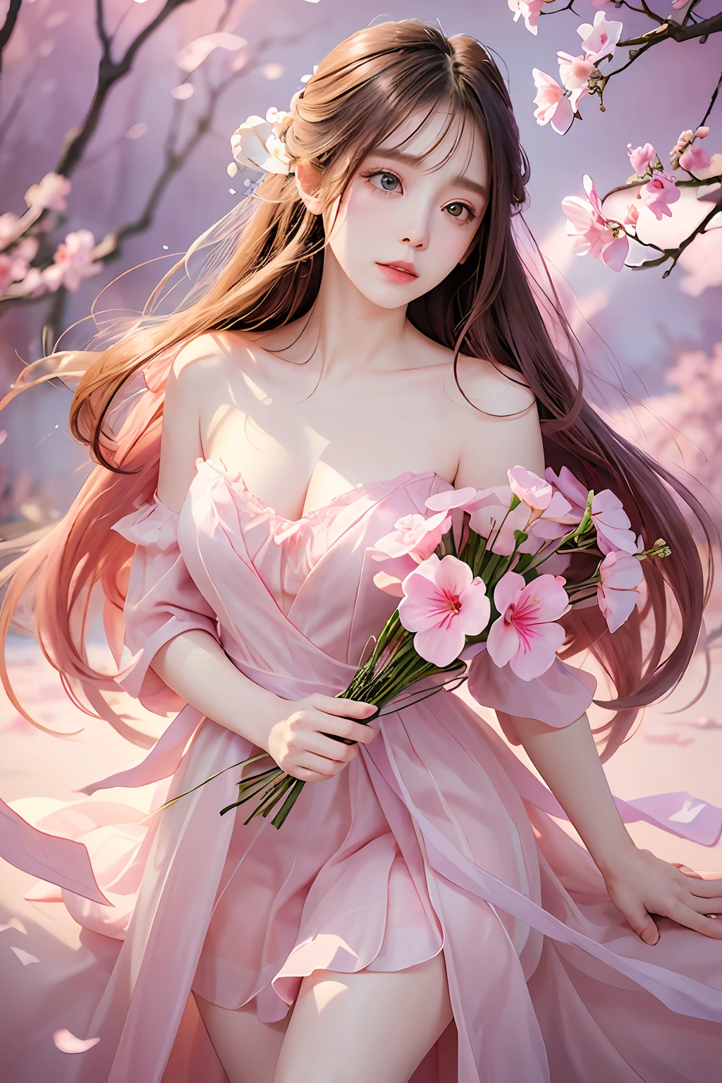 1girl in、florals、Lisianthus、in the style of pale pink and bright azure、dreamy and romantic compositions、Pale pink、Ethereal leaves、Playful placement、Fantasia、highly contrast、Ink strokes、explosions、over exposure、Purple and red tone impression、Abstract、(Watercolors by John Barkey and Jeremy Mann))brushstrokes、negative space、