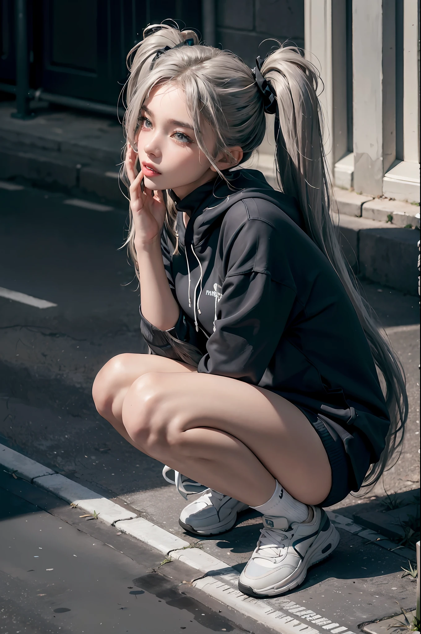 (8k), (best quality), (masterpiece:1.2), (hyperrealism), (photorealistic:1.37), a 25 yo girl in back street, side angle building wall background, (twintails), (chest level angle), (full body:1.2), long silver hairAND long ash hair, (hair blowing in the wind), (street fashion:1.2), big size hoodie, knee stockings, black sneakers, black ribbons, natural posing, blush, [smile], dark theme, soothing tones, muted colors, high contrast, (natural skin texture, soft light, sharp), Beautiful appearance, Detailed hair loose, Detailed fingers, detailed hairs, hyperdetailed face, perfect anatomy