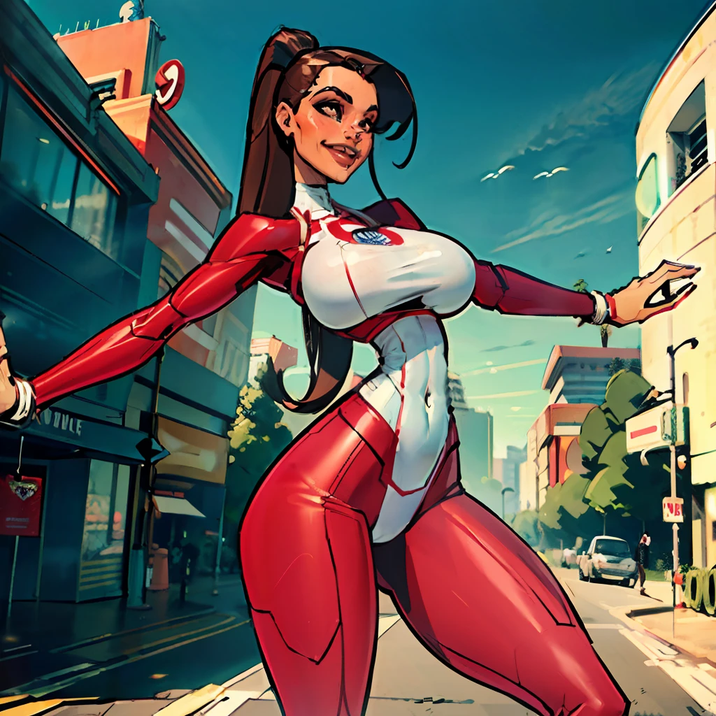 1girl, Stretcher the busty brunette comic book woman, masterpiece, beautiful, high quality, high definition, superb quality, highly detailed, super detailed, elongated arm, extended arm, stretched-out arm, reaching toward camera, depth, happy, smiling, (((100-meter-long rubber hose arm))), long hair, huge ponytail, slim, thin, athletic, womanly, rubbery, elastic woman, (white and red spandex, white and red legs, tight top), rubber body, brunette, ((huge breasts, slim waist)), city, heroic, cheerful, (bold nose, hawkish facial features),