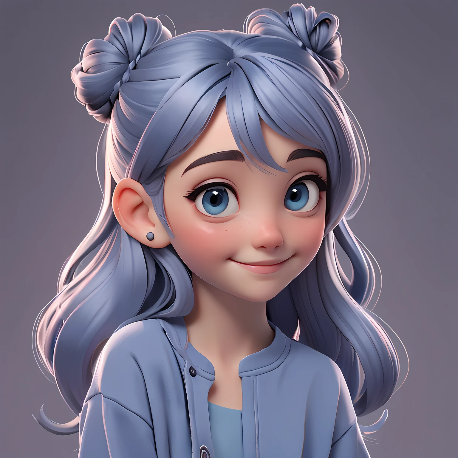 uma loli menina, Your hair is stuck in a bun, tom preto e azul, moleton, capuz, corpo inteiro, The background is filled with a light gray tone, evoking a sense of lightness and happiness.