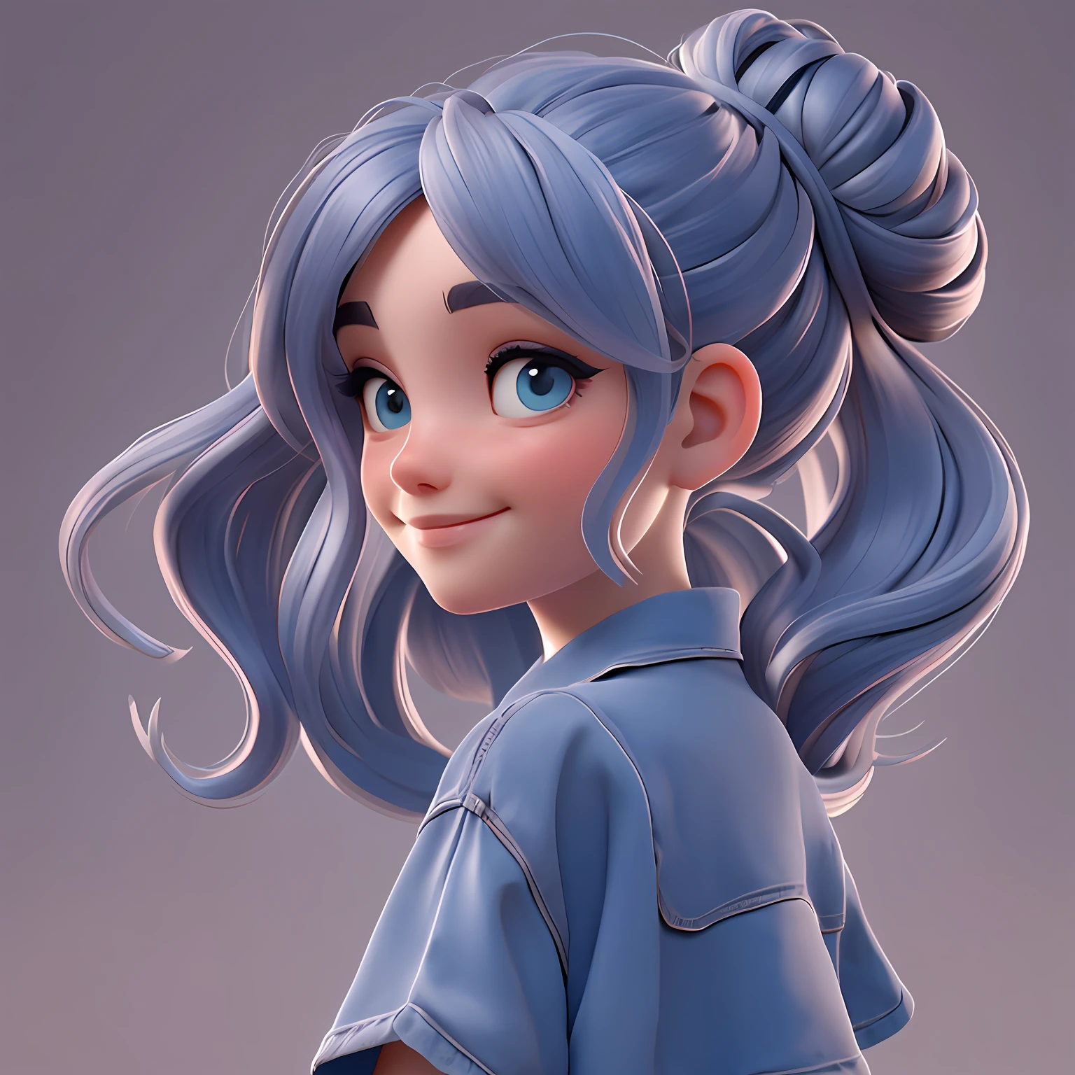 uma loli menina, Your hair is stuck in a bun, tom preto e azul, moleton, capuz, corpo inteiro, The background is filled with a light gray tone, evoking a sense of lightness and happiness.