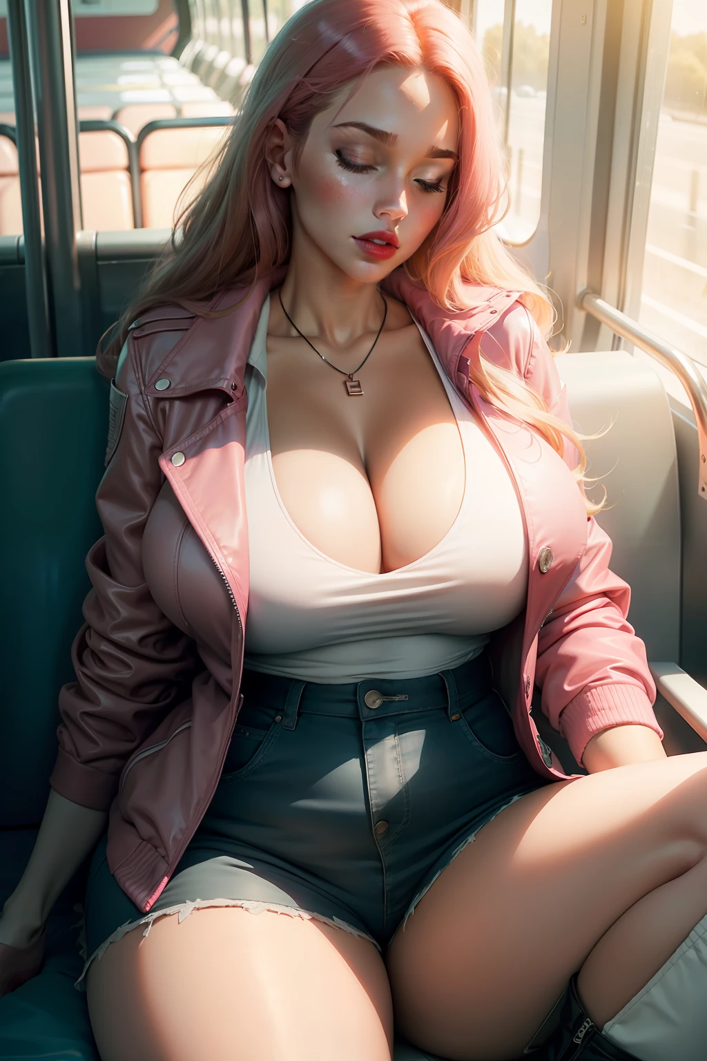 1 beautiful woman, big body, red lips, pink jacket, cleavage, white shorts, black boots, asleep on the bus, eyes closed