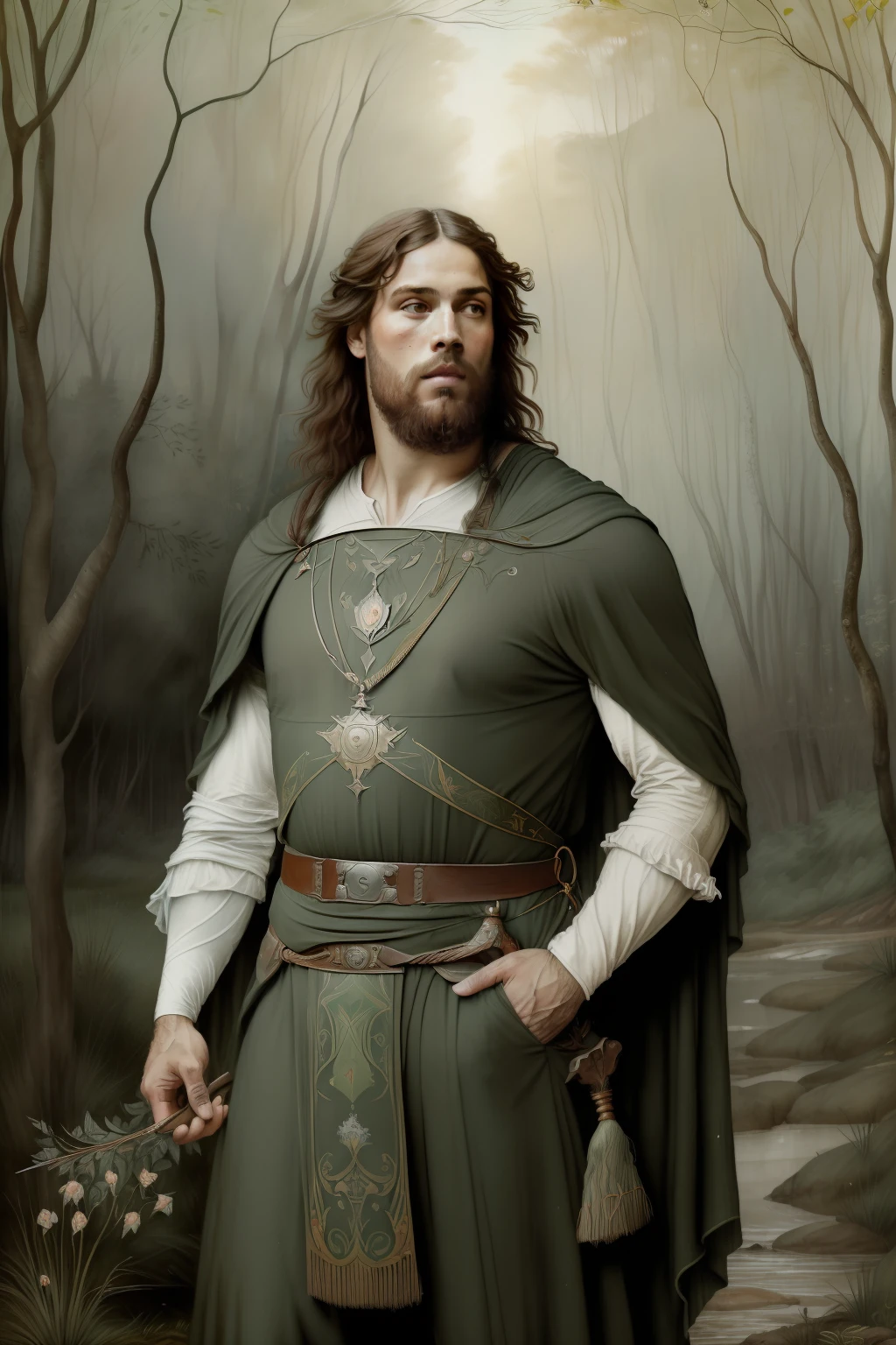 fonte de cura com juncos, floresta encantada. (((Pre-Raphaelite painting velho homem druida de branco, de barba branca, recolhe ervas em seu manto no bosque, paisagem celta)))