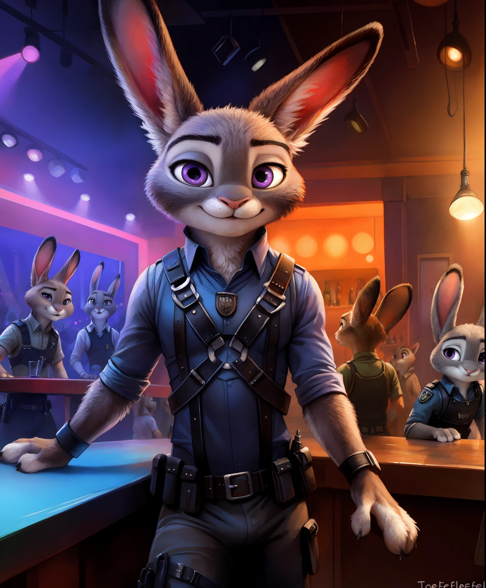 by kenket, by totesfleisch8, (by thebigslick, by silverfox5213:0.8), (by syuro:0.2), anthro, rabbit, sheath, judy hopps,, zootopia, standing, looking at viewer, nightclub, leather clothing, harness,