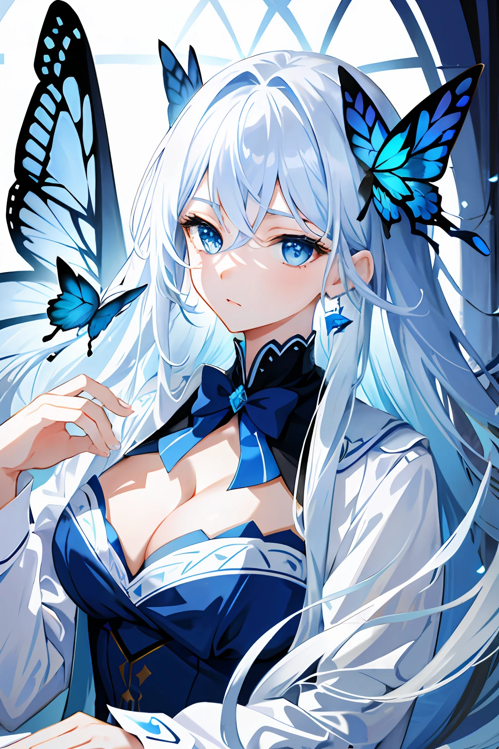 tmasterpiece,Need,illustration,blue color eyes,long white hair,blue skirts,Delicate facial depiction and eyes,Flying blue butterflies,closeup cleavage,Side Body,sitted