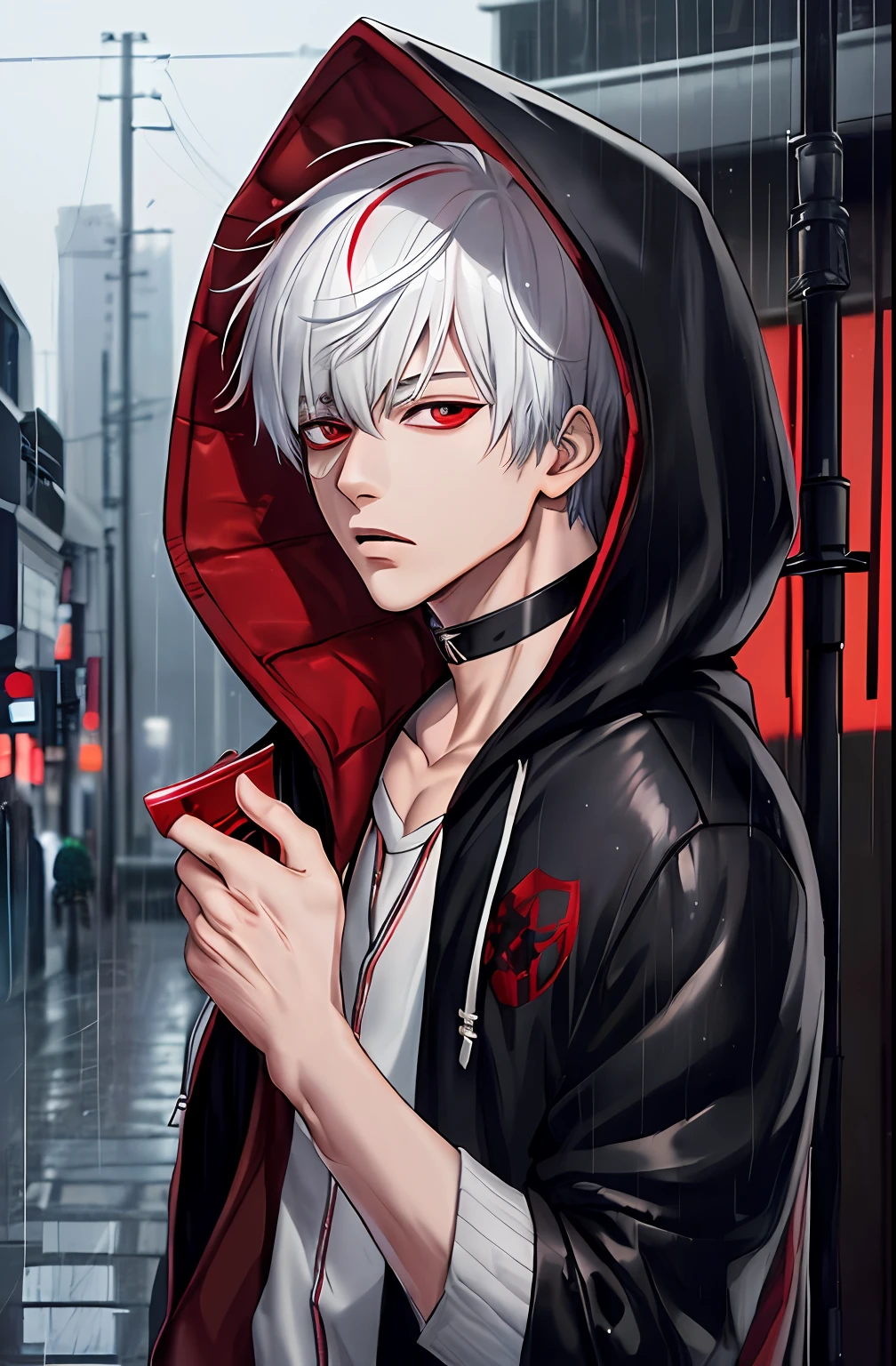 kk, best quality, more details, masterpiece, 1boy, kaneki ken, portrait, male focus, red eyes, solo, bangs, looking at viewer, hood, short hair, rain, tokyo tokyo \(city\),  hood up, nail polish, white hair, luxurious, 8k, detailed, ray tracing, depth of field, cinematic lighting,