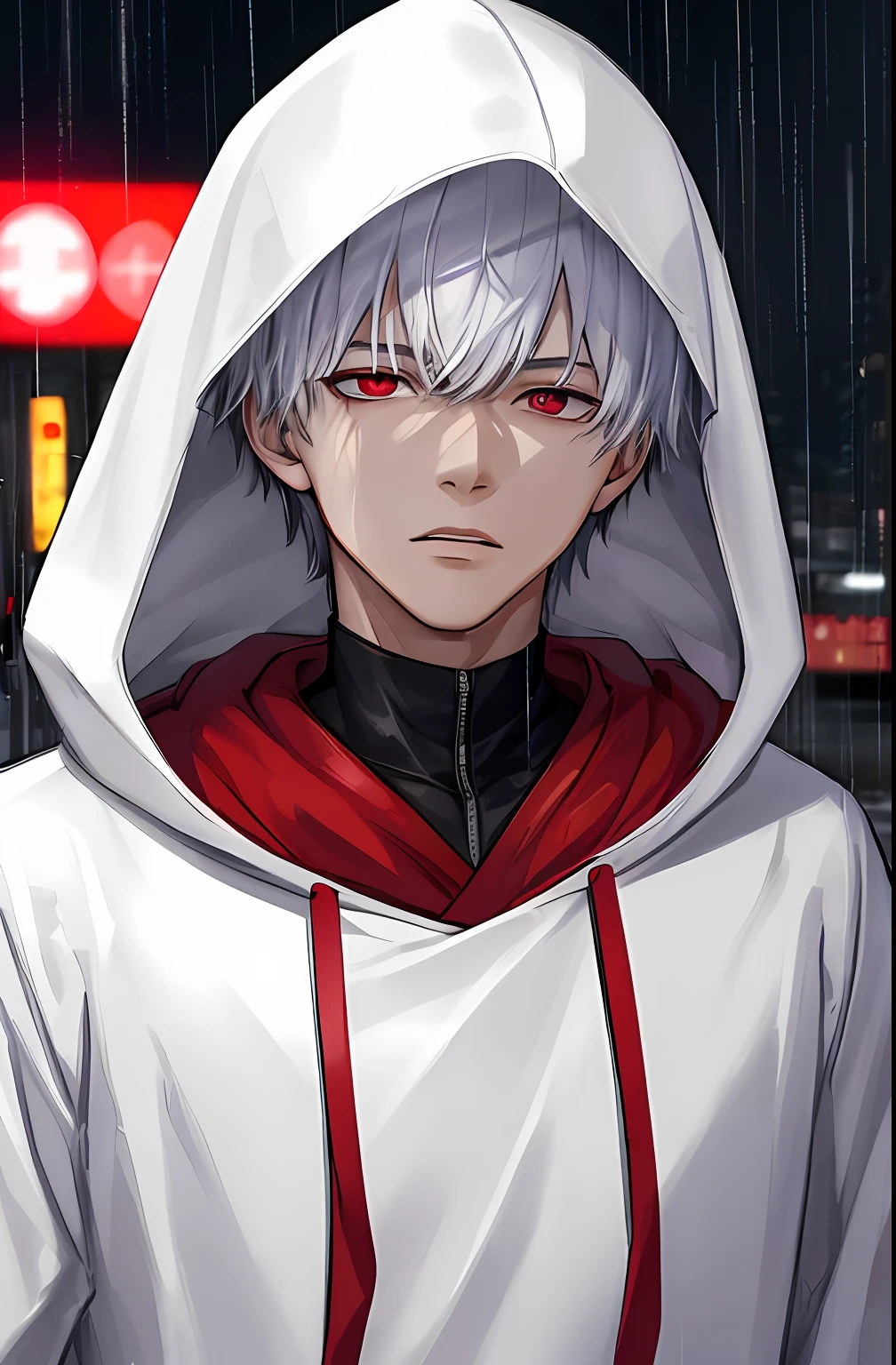 kk, best quality, more details, masterpiece, 1boy, kaneki ken, portrait, male focus, red eyes, solo, bangs, looking at viewer, hood, short hair, rain, tokyo tokyo \(city\), hood up, nail polish, white hair, luxurious, 8k, detailed, ray tracing, depth of field, cinematic lighting,
