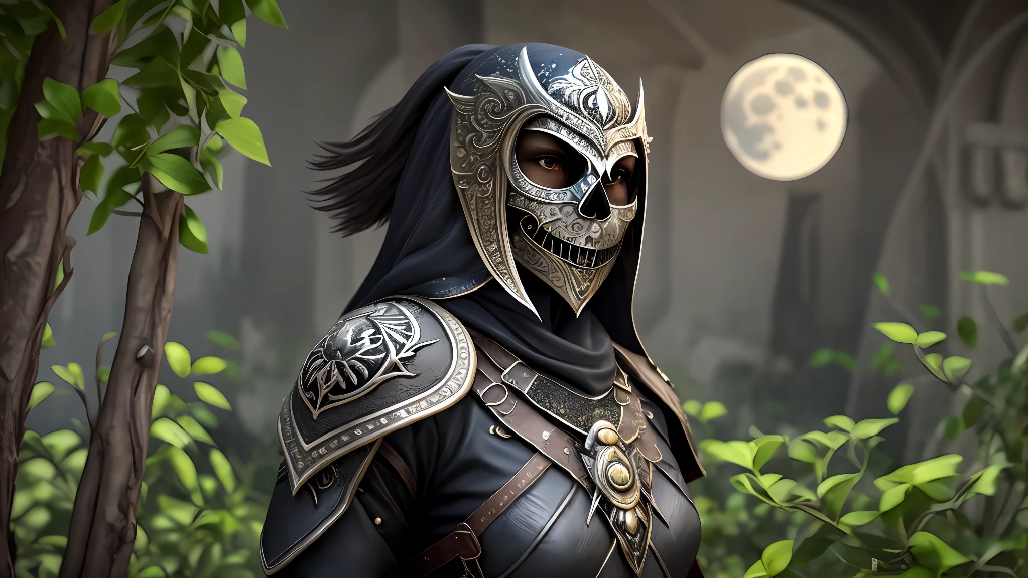 Amidst the ancient ruins of a moonlit citadel, a lone female warrior, clad in sleek black leather armor, emerges from the shadows. Her armor is adorned with intricate engravings that glimmer in the pale moonlight, giving her an air of mystique and danger. A silver skull mask conceals her face, its hollow eyes reflecting the silvery glow of the moon above. In one hand, she holds a pair of razor-sharp daggers, their blades glinting like slivers of moonlight. The citadel's stone walls are covered in ivy and bathed in the soft, ethereal light, casting eerie yet beautiful patterns on the ground. As she moves with grace and lethal precision, her every step seems to echo with a whispered promise of shadows and secrets. hyperrealism, ultra sharp details, hyperrealistic, photorealistic render, cinematic lighting, 8K ultra HD, artstation, raytracing reflections --auto --s2