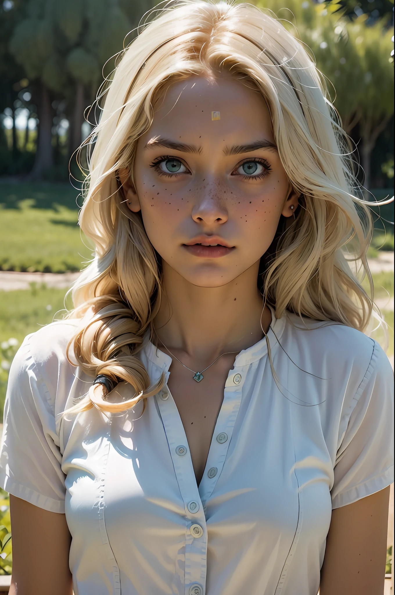 deep shadow, sinister, award winning photo, best quality, masterpiece, woman, freckled face, windblown blonde hair, emerald eyes, by Antonio J. Manzanedo, by lee jeffries nikon d850 film stock photograph 4 kodak portra 400 camera f1.6 lens rich colors hyper realistic lifelike texture dramatic lighting unreal engine trending on artstation cinestill 800, volumetric lighting, particles, god rays, 1girl, beautiful girl, long white hair, long straight hair, middle parted hair, white shirt, ruffled white shirt, white deep neck shirt, princess, warrior, outside, forest, simple shirt, intense gaze, scowling, pale, white, light on skin, light illuminating skin, (highly detailed face:1), (extreme detailed eyes:1), (face focus:1.2),