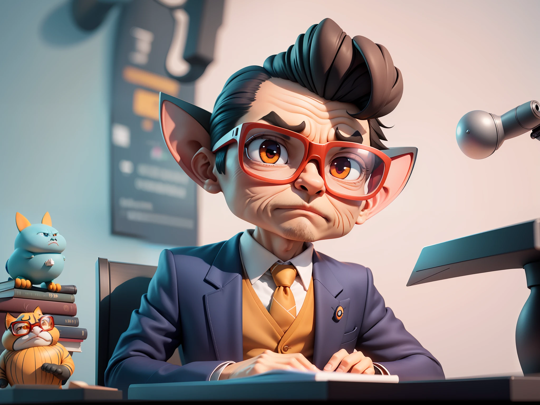A young man in a suit, Short hair and glasses sat at his desk，holding laptop，digitial painting，tigre，3D character design by Mark Clairen and Pixar and Hayao Miyazaki and Akira Toriyama，4K HD illustration，Very detailed facial features and cartoon-style visuals。