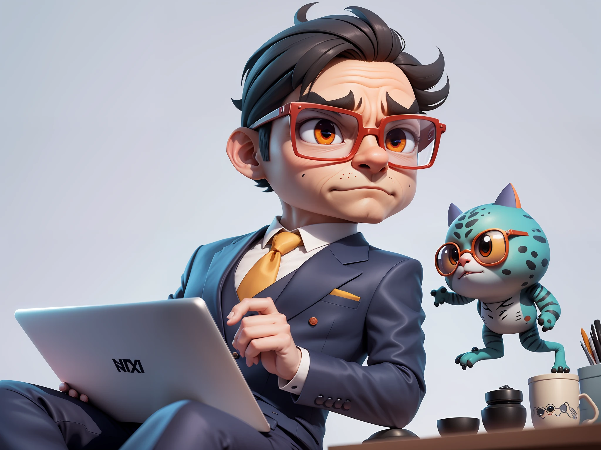 A young man in a suit, Short hair and glasses sat at his desk,holding laptop,digitial painting,tigre,3D character design by Mark Clairen and Pixar and Hayao Miyazaki and Akira Toriyama,4K HD illustration,Very detailed facial features and cartoon-style visuals。
