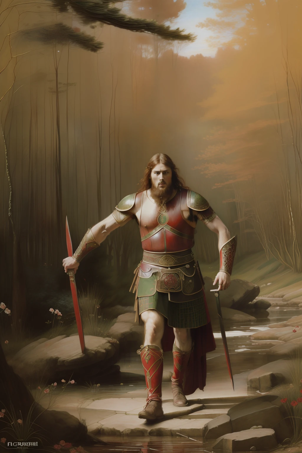 (((Pre-Raphaelite painting of a red Celtic warrior in rage, - Floresta de Sabugueiro, fulgor da raiva)))
