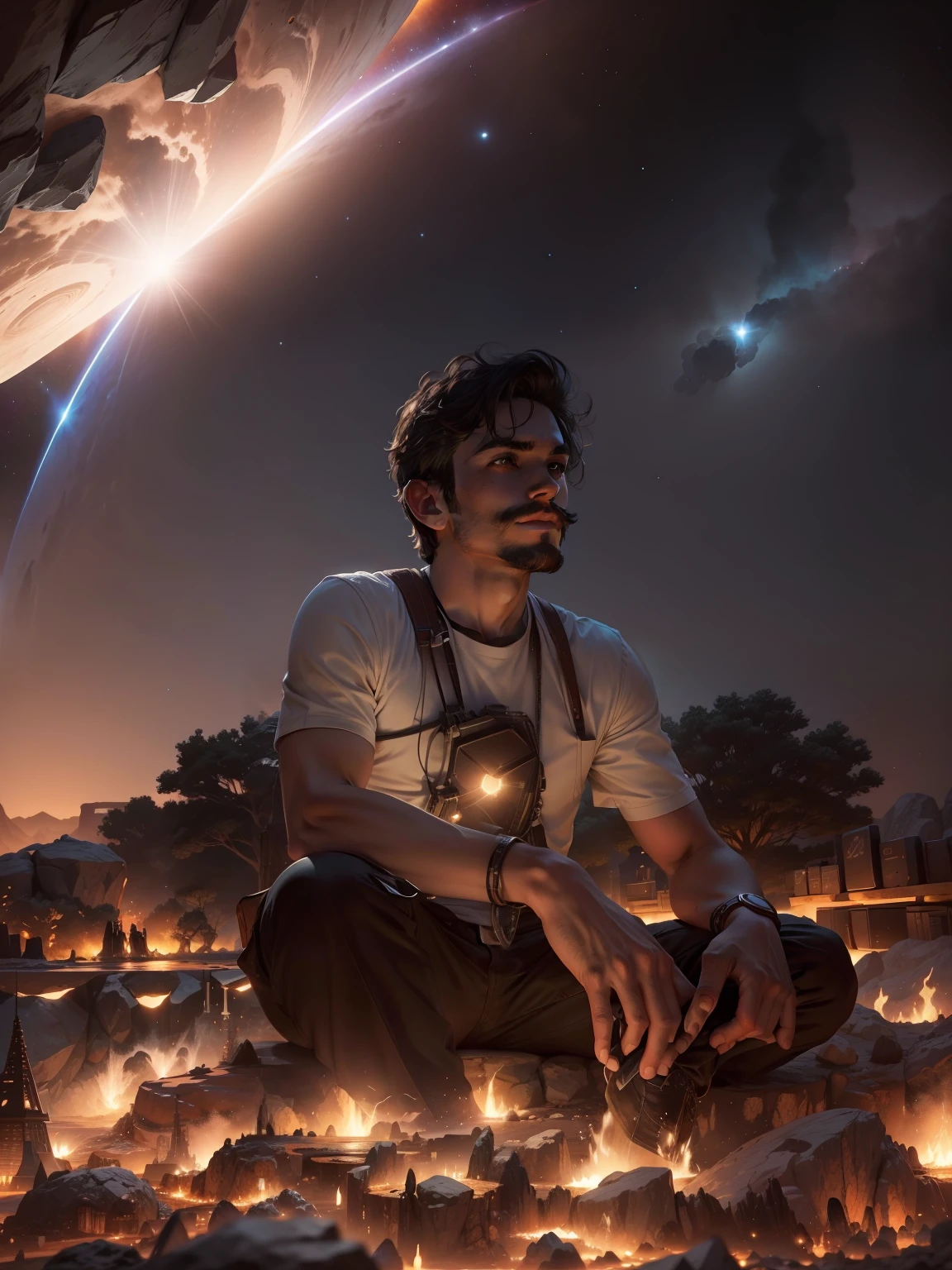 Draw a young programmer, sitting on a research platform floating in the middle of an asteroid belt. He is studying with a notebook, surrounded by several asteroids glowing with fiery auras. Dramatic lighting from distant stars and planets illuminates the scene, casting deep shadows on the suit. The young man looks confident and determined, looking at the vast and mysterious universe with wonder and respect,facial hair, cowboy shot,