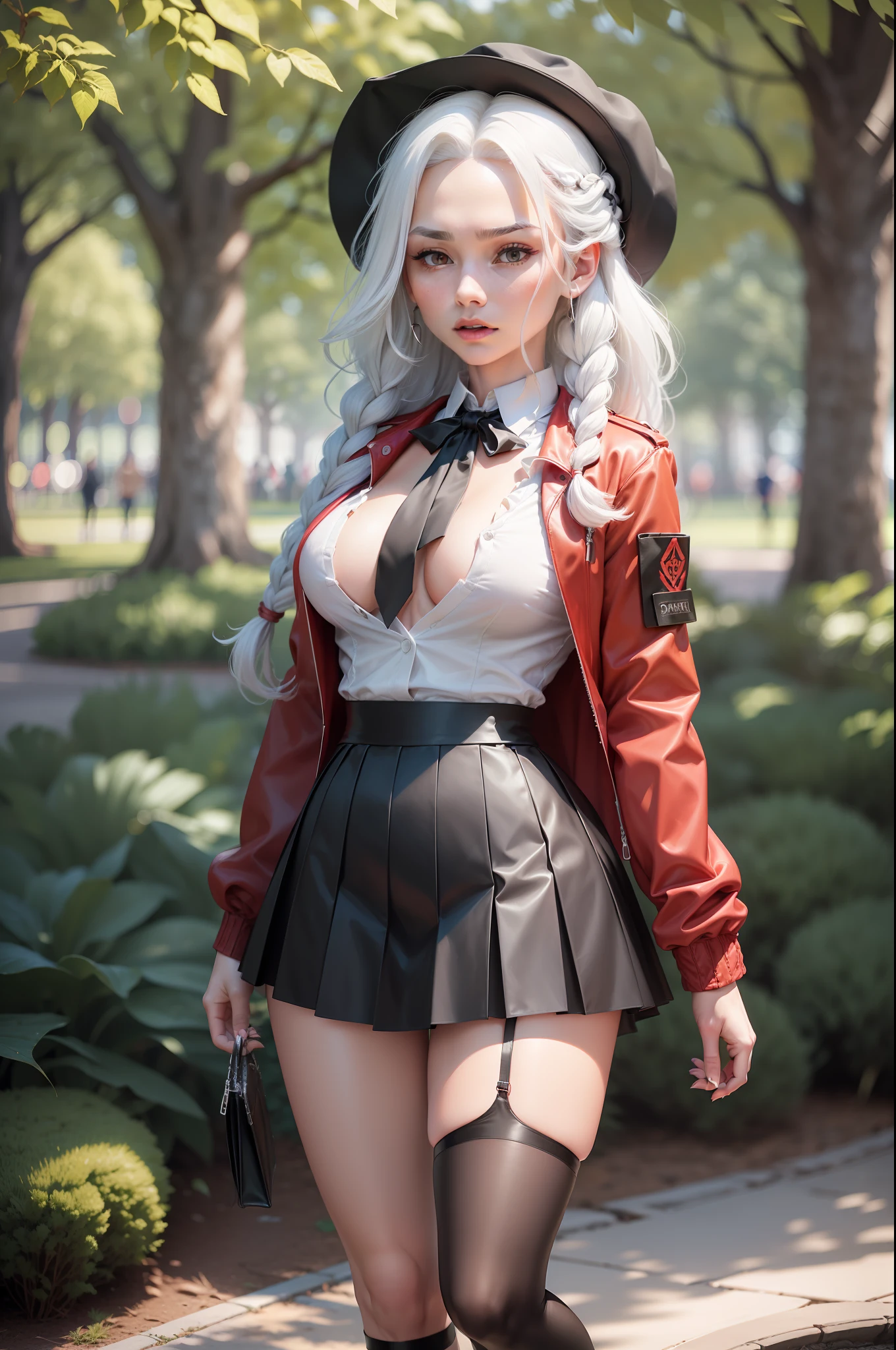 (Long white hair, braided in two braids: 1.4), ((sharp jawline)), ((Very muscular body with perky tits)), An evil expression on his face, (red jacket, white shirt with black tie, black pleated skirt with knee-length stockings, High-heeledshoes: 1.3), stands sideways, on the lawn in the park,