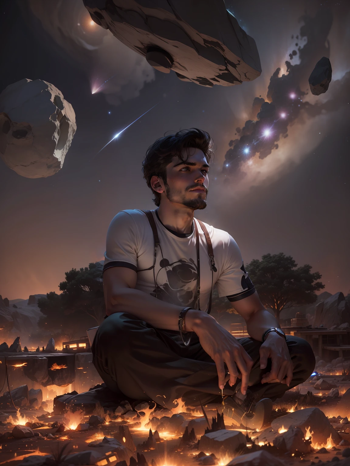 Draw a young programmer, sitting on a research platform floating in the middle of an asteroid belt. He is studying with a notebook, surrounded by several asteroids glowing with fiery auras. Dramatic lighting from distant stars and planets illuminates the scene, casting deep shadows on the suit. The young man looks confident and determined, looking at the vast and mysterious universe with wonder and respect,facial hair, cowboy shot,