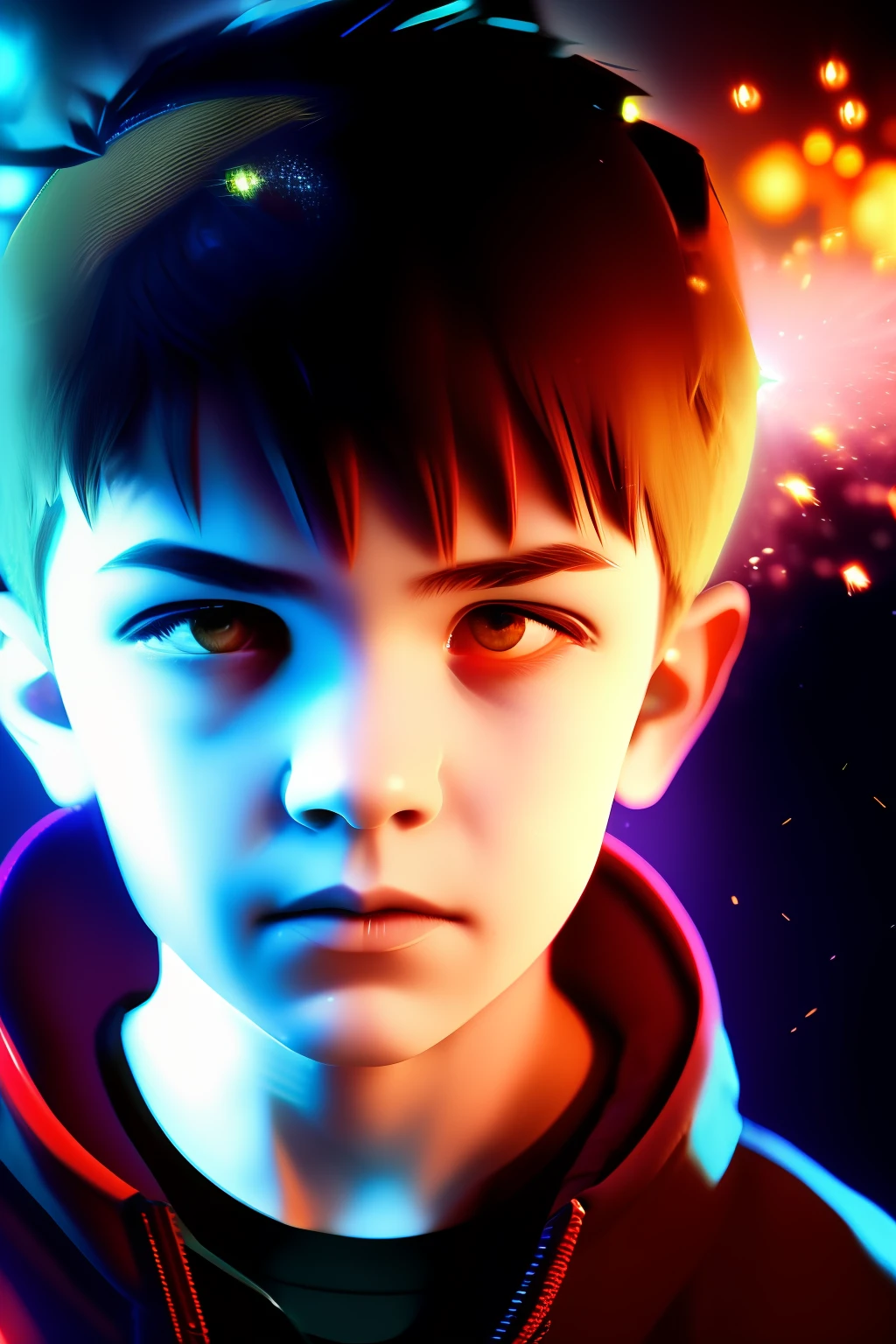 1boy , angry , close up shot , light relflection in his eyes , glowing particles