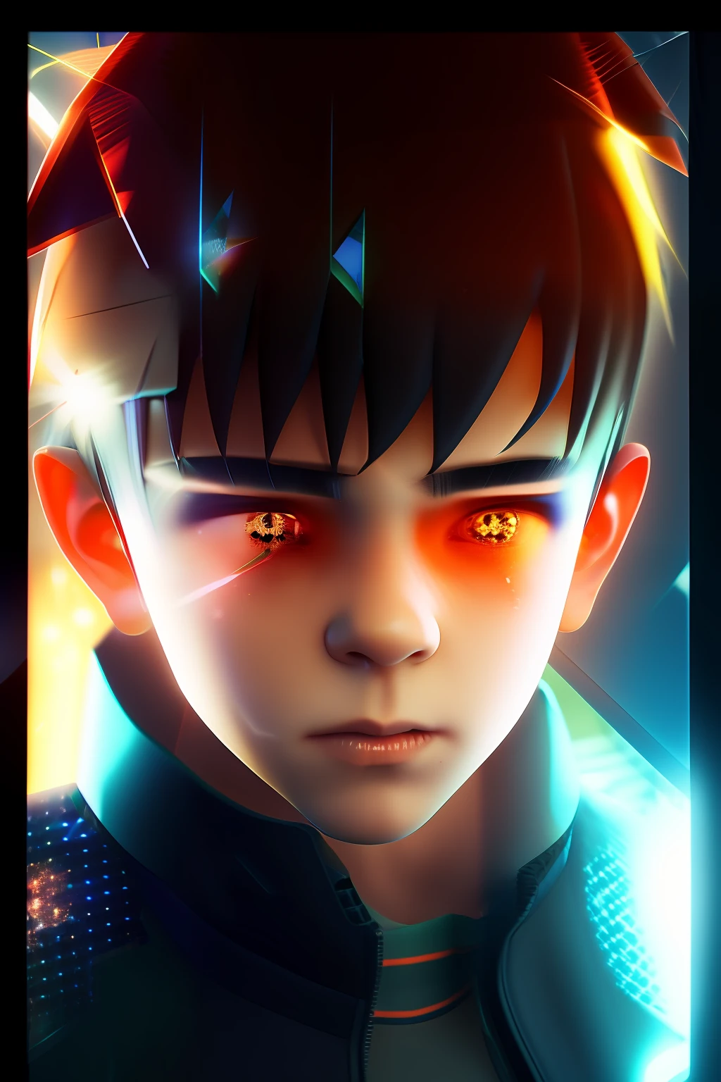 1boy , angry , close up shot , light relflection in his eyes , glowing particles