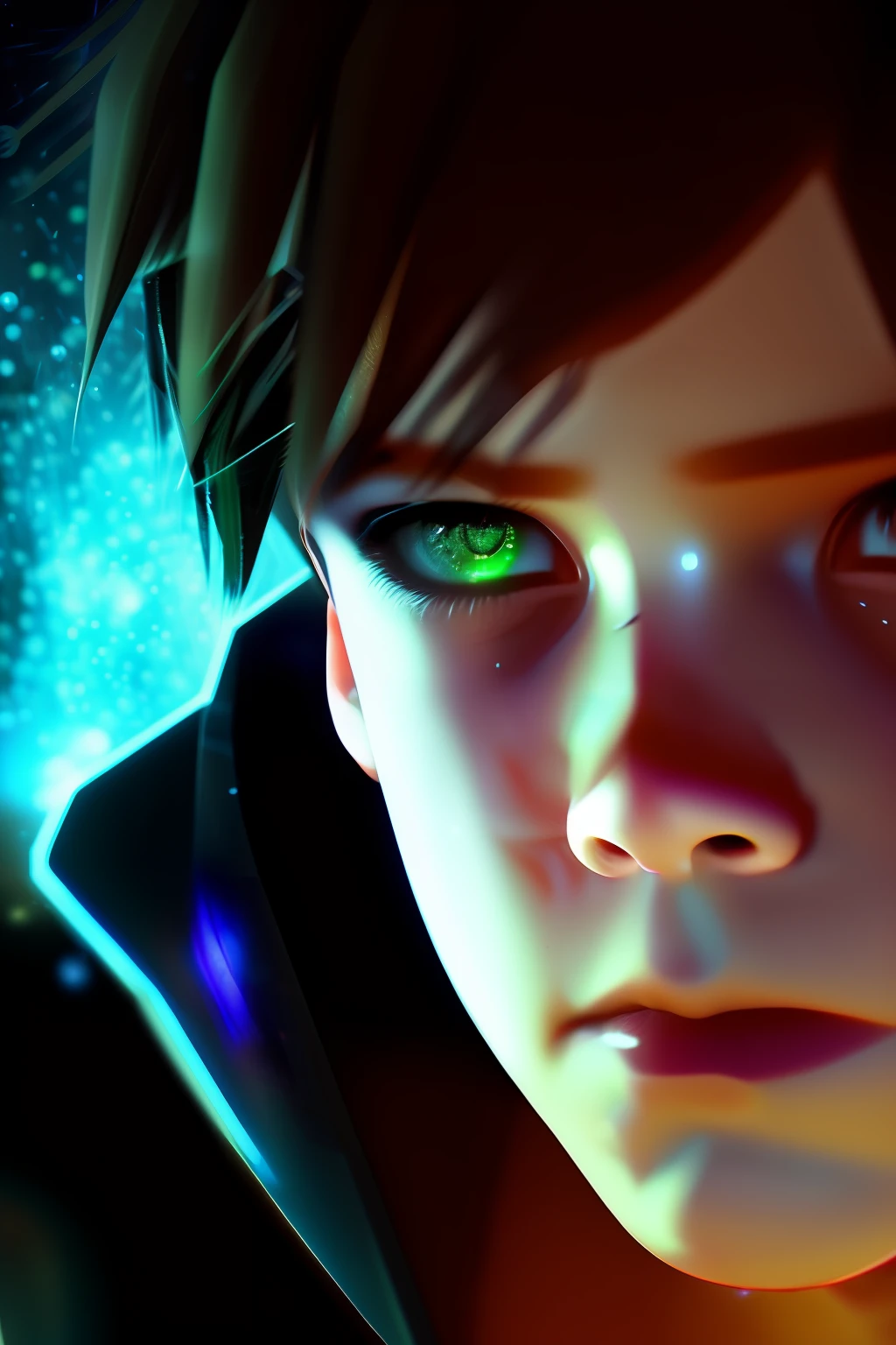 1boy , angry , close up shot , light relflection in his eyes , glowing particles