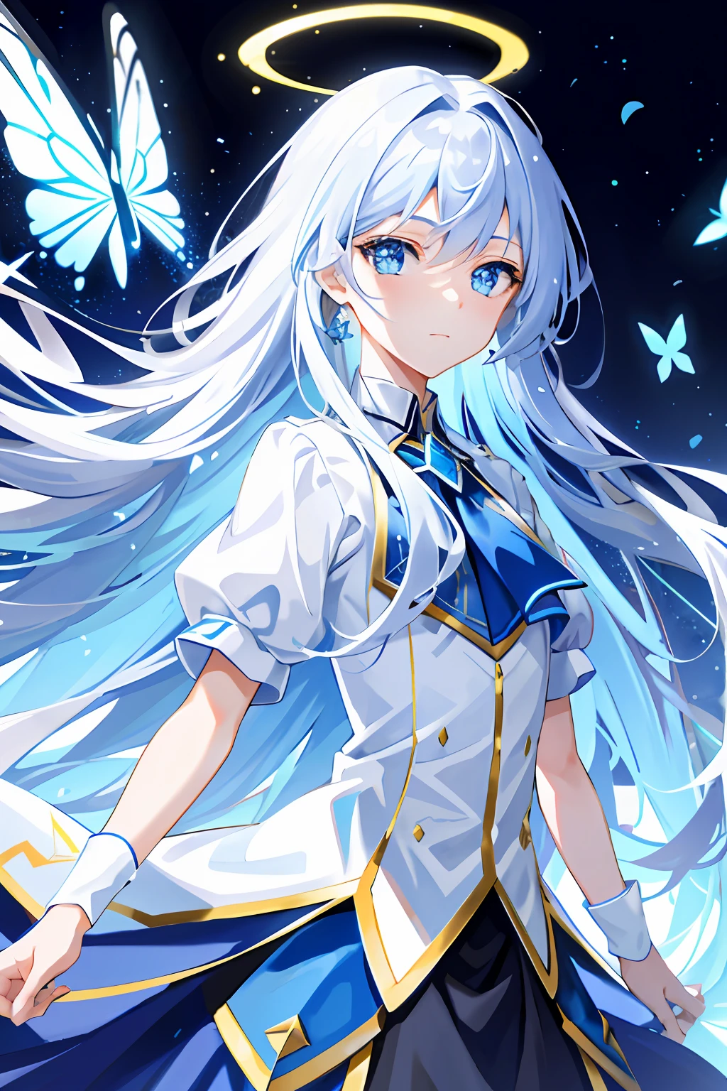 tmasterpiece,Need,illustration,,blue skirts,1girll,blue color eyes,long white hair,Flying blue butterflies,cinematric light,Delicate facial features,A detailed eye,Sharp pupils,realistic pupil,depth of fields,Background bokeh,sharp fokus,(ultra - detailed,Halo,with light glowing:1.4),Many small gemstones
