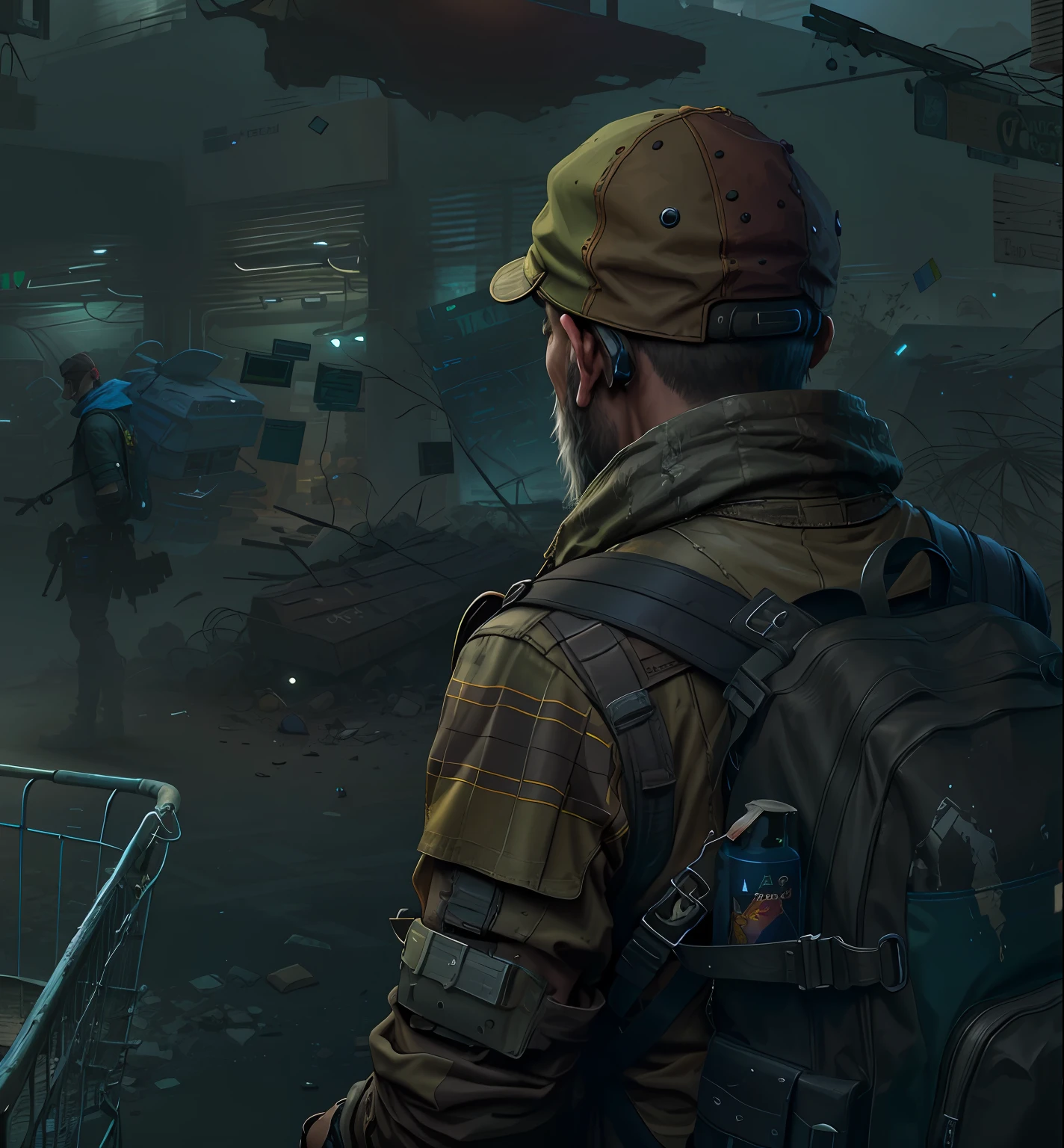 Arafeld man looking at the shopping cart with his backpack on his back, disco elysium character, disco elysium concept art, cyberpunk homeless, keanu reevez in disco elysium, Elysium Disco video game, Disco Bliss artwork, in a post-apocalyptic wasteland, Elysium Disco Art, eerie nostalgic concept art, disco elysium