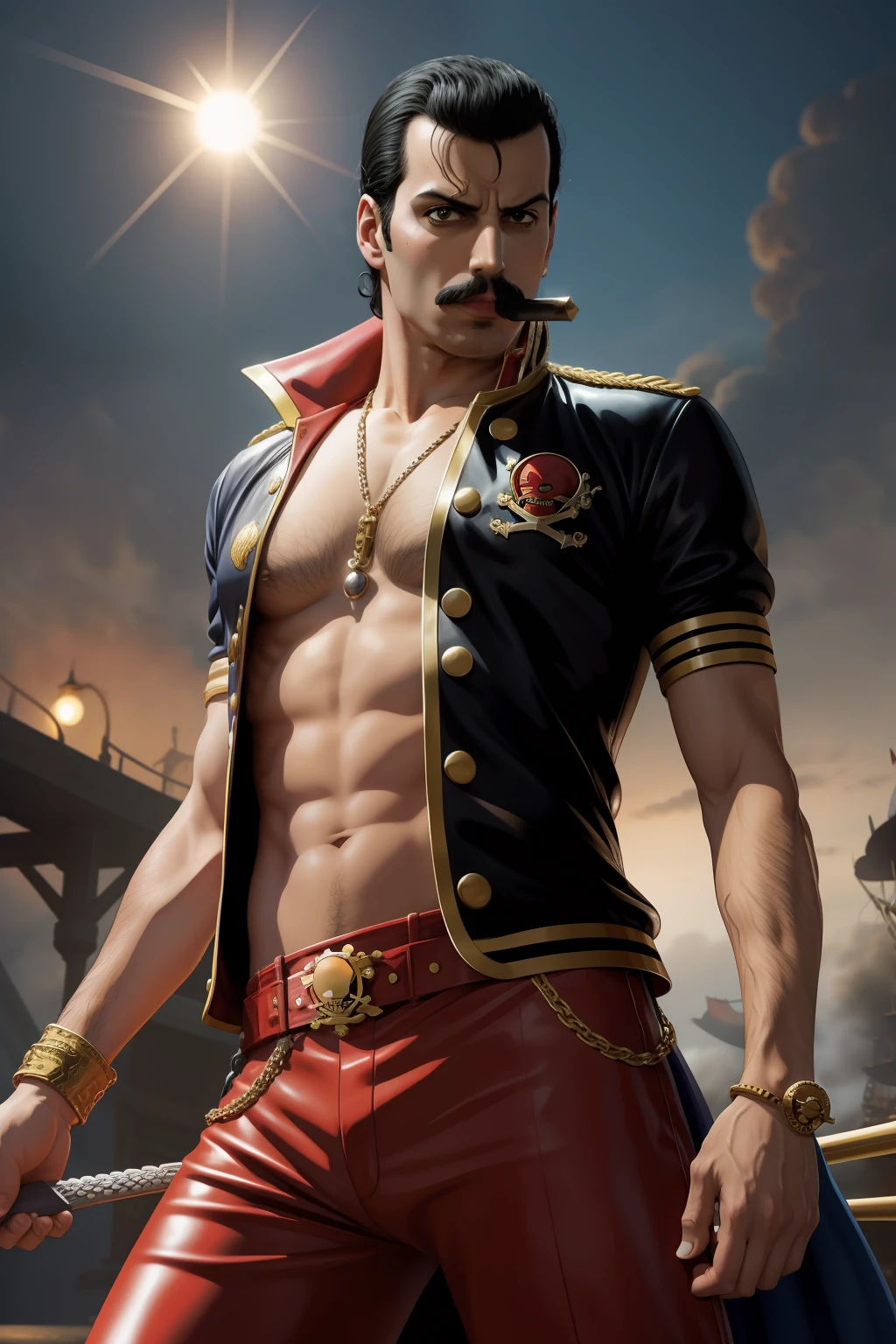 Freddie Mercury Imagine the in the world of One Piece well detailed Freddie Mercury pirate